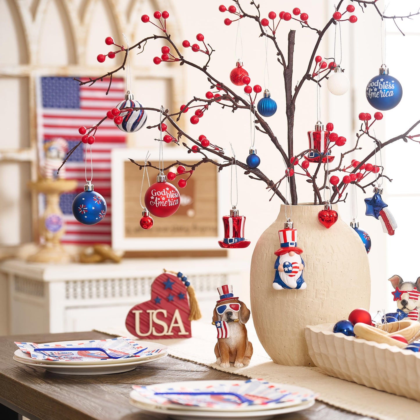 Valery Madelyn 4th of July Tree Decorations for Patriotic Memorial Day Ornaments, 50ct Medium Red White Blue Shatterproof Americana Gnome for Independence Day USA 250th Anniversary Hanging Ball Decor