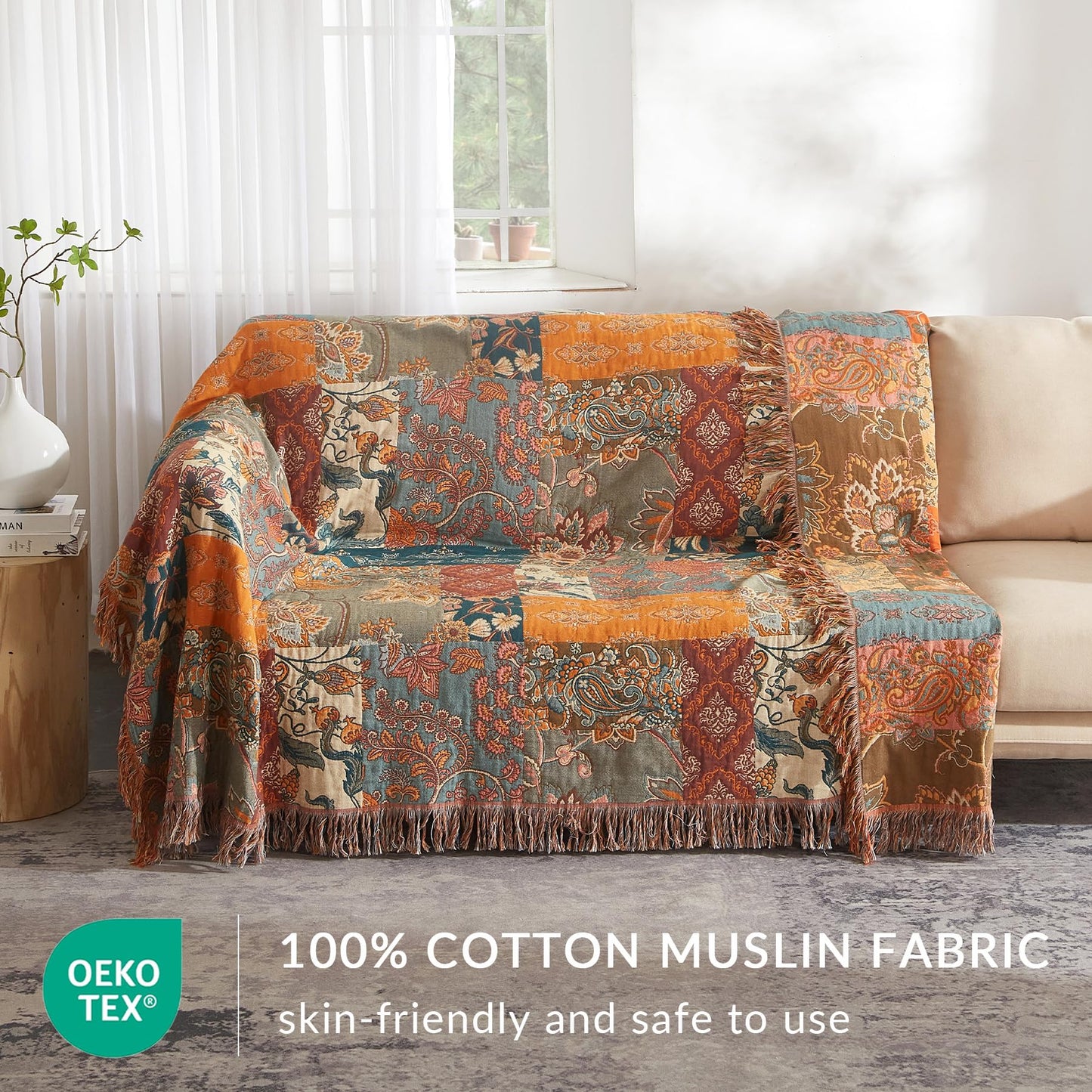 Bailix Boho Throw Blanket for Couch Sofa Bed, 100% Cotton Woven Quilt with Tassel 60”x80”, Super Soft Muslin Blanket with Floral Printed, Decorative Reversible Bed Blanket/Cover for All Seasons