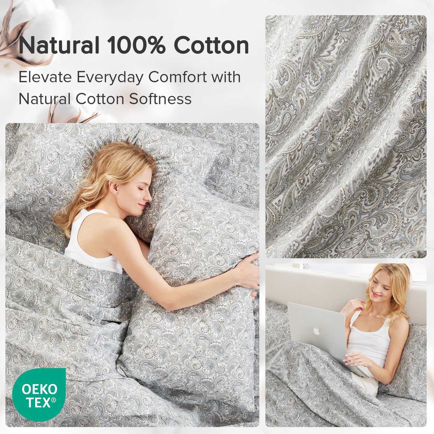 Comfort Spaces 100% Cotton Sheets King, Breathable, Naturally Cool Cotton Sheets, Soft Cotton Bed Sheets with 14" Elastic Pocket Fits up to 16" Mattress, All Seasons Sheet Set, Paisley Multi 4 Piece