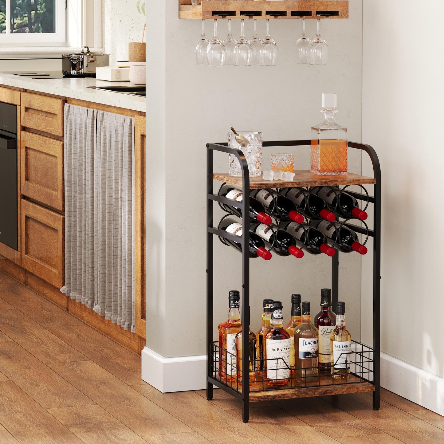Bosimeca 3-Tier Wine Rack Freestanding Floor Cabinet Corner Bar Cabinet Bar Cart,12 Individual Wine Storage Bottle Compartments Corner Bar Cabinet Holder (3-Tier Wine Rack 07)