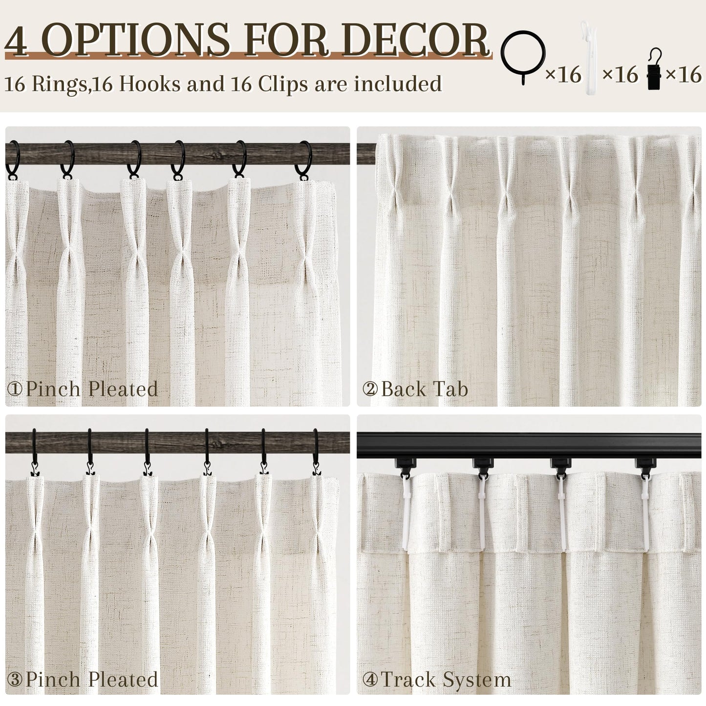 Joywell Linen Pinch Pleated Curtains 84 Inches Long 2 Panels for Living Room Bedroom Natural Cream Thick Boho Back Tab Semi Sheer Light Filtering Window Drapes Clip Rings Hooks Ivory Cream Birch