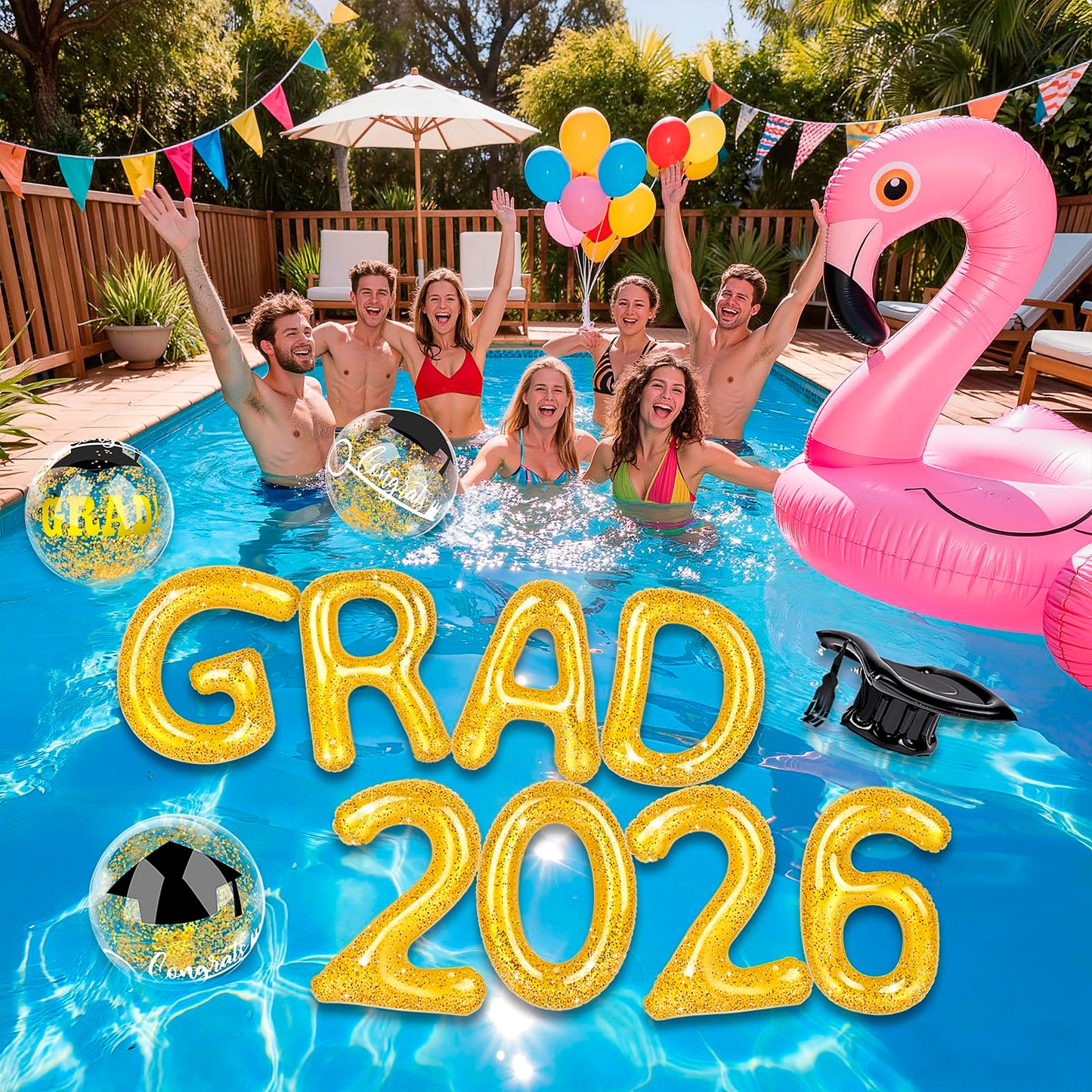 Graduation Inflatable Pool Party Decorations - 12Pcs Grad 2026 Letters 20 x 15 in Gold Pool Float & Graduation Beach Balls Congrats Sign & Grad Cap Inflatable for Class of 2026 Glitter Party Supplies