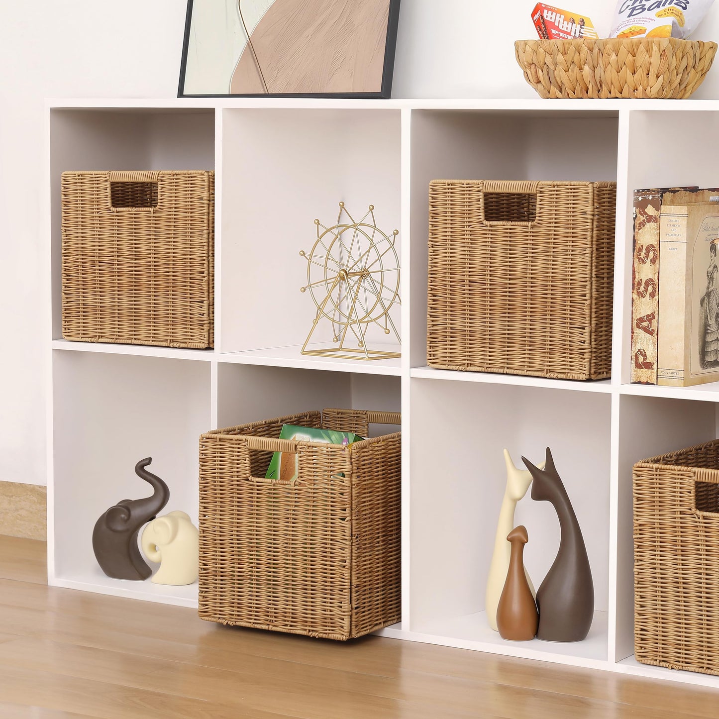 10.5 x 10.5 in Plastic Wicker Baskets for Cube Storage, Collapsible Square Wicker Storage Basket Set of 3, Rattan Storage Cube, Square Baskets for Shelves - Khaki