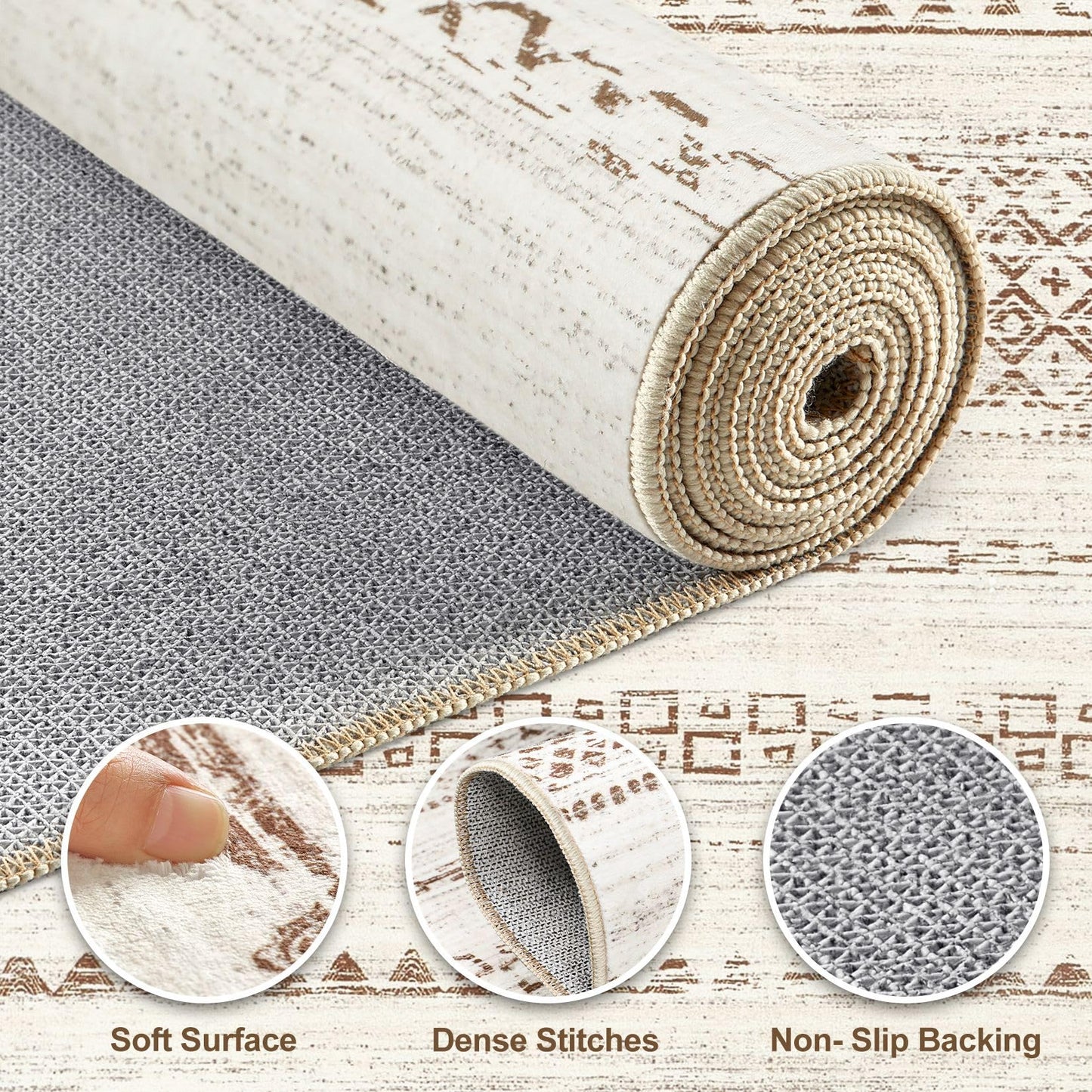 Nakagishi Area Rug Living Room Rugs: 5x7 Machine Washable Boho Large Neutral Farmhouse Stain Resistant Moroccan Indoor Floor Carpet for Bedroom Nursery Dorm Classroom Playroom Dining Room Home- Brown