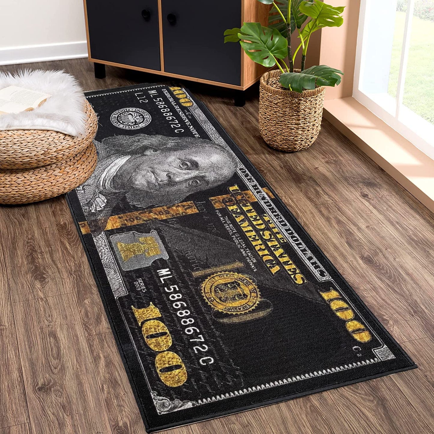 HUAHOO Black Money Rugs 100 Dollar Bill Cool Area Rug Door Mat Runner for Living Room Bedroom Indoor Outdoor Rug (31.5" x 78.7")