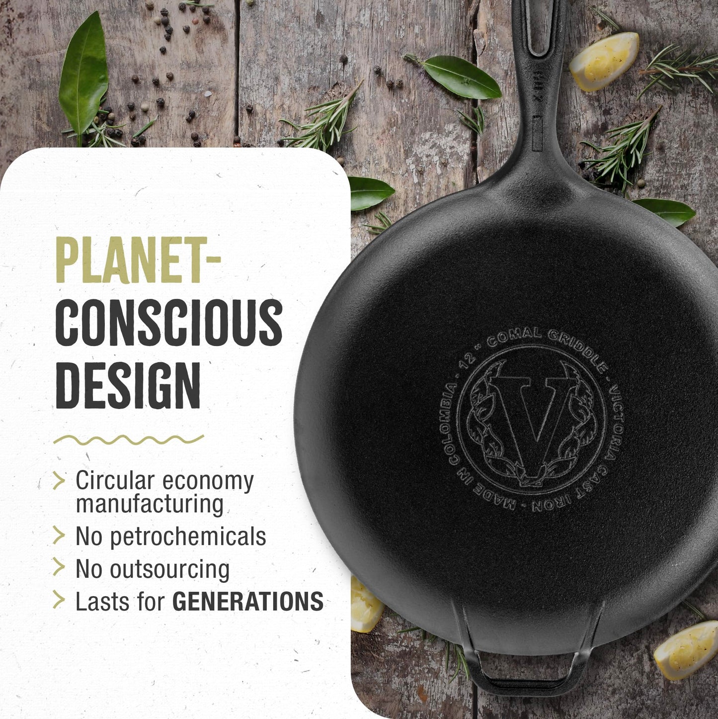 Victoria 12-Inch Cast Iron Comal Pizza Pan with a Long Handle and a Loop Handle, Preseasoned with Flaxseed Oil, Made in Colombia