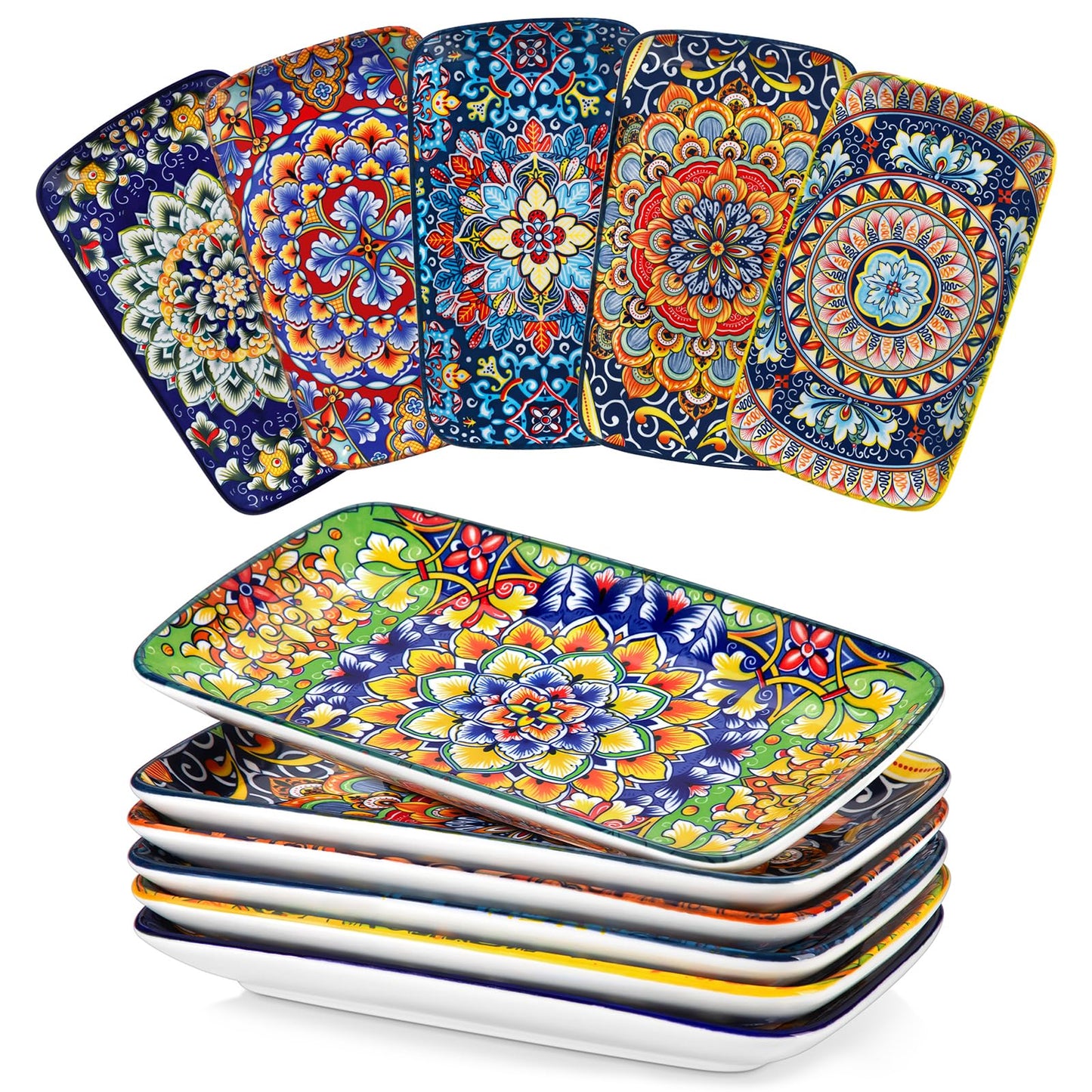 vancasso Simi 9.5 Inch Rectangular Dinner Plates Set of 6 - Bohemian Floral Design in 6 Vibrant Colors, Microwave & Dishwasher Safe Porcelain Plates for Salad, Appetizers, Entertaining