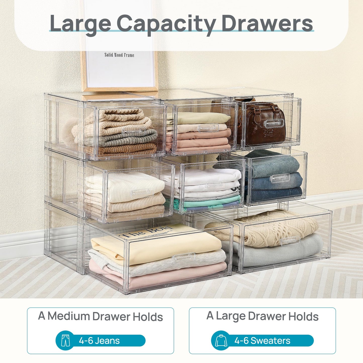 Vtopmart 4 Pack 18QT Clear Stackable Storage Drawers,Easily Assemble Closet Organizers,Plastic Storage Bins for Bathroom,Cabinet,Kitchen Pantry,Under Sink Organization(Medium)