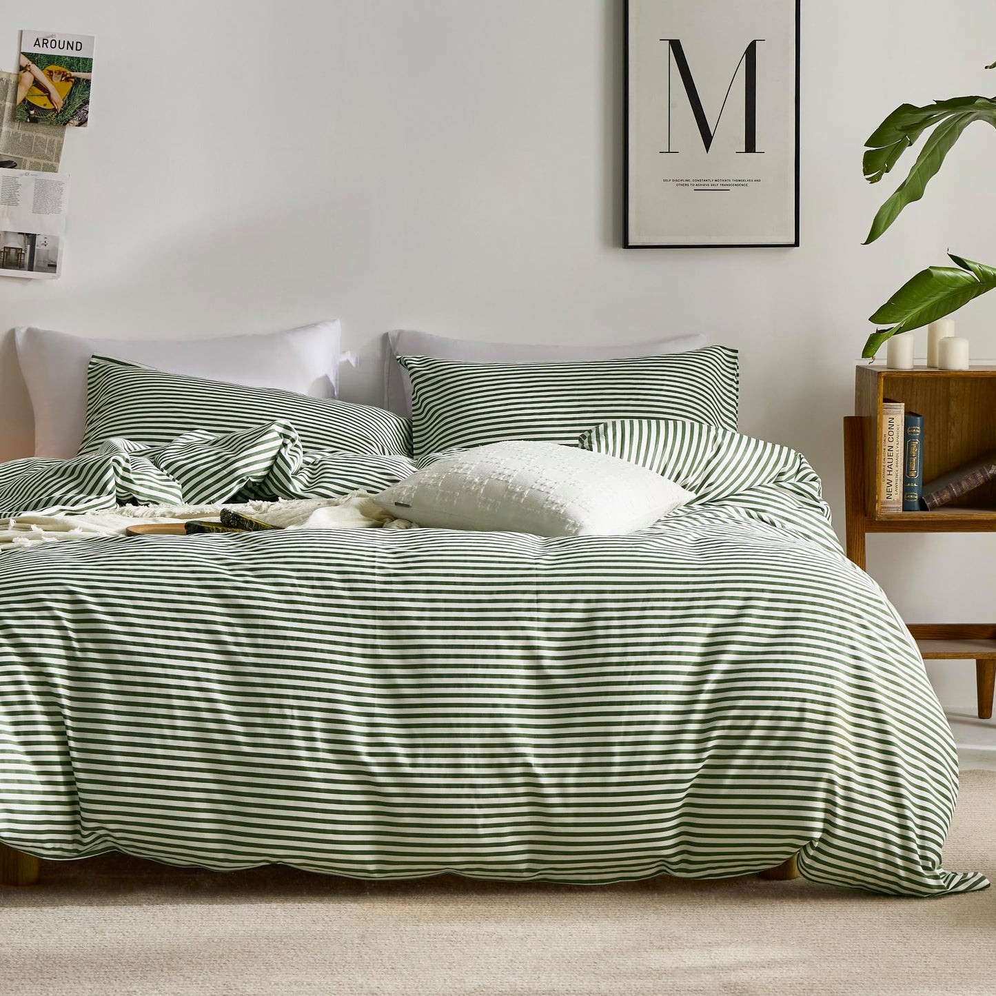 JELLYMONI 100% Natural Cotton 3pcs Striped Duvet Cover Sets,White with Green Stripes Pattern Printed Comforter Cover,with Zipper Closure & Corner Ties(Queen Size)