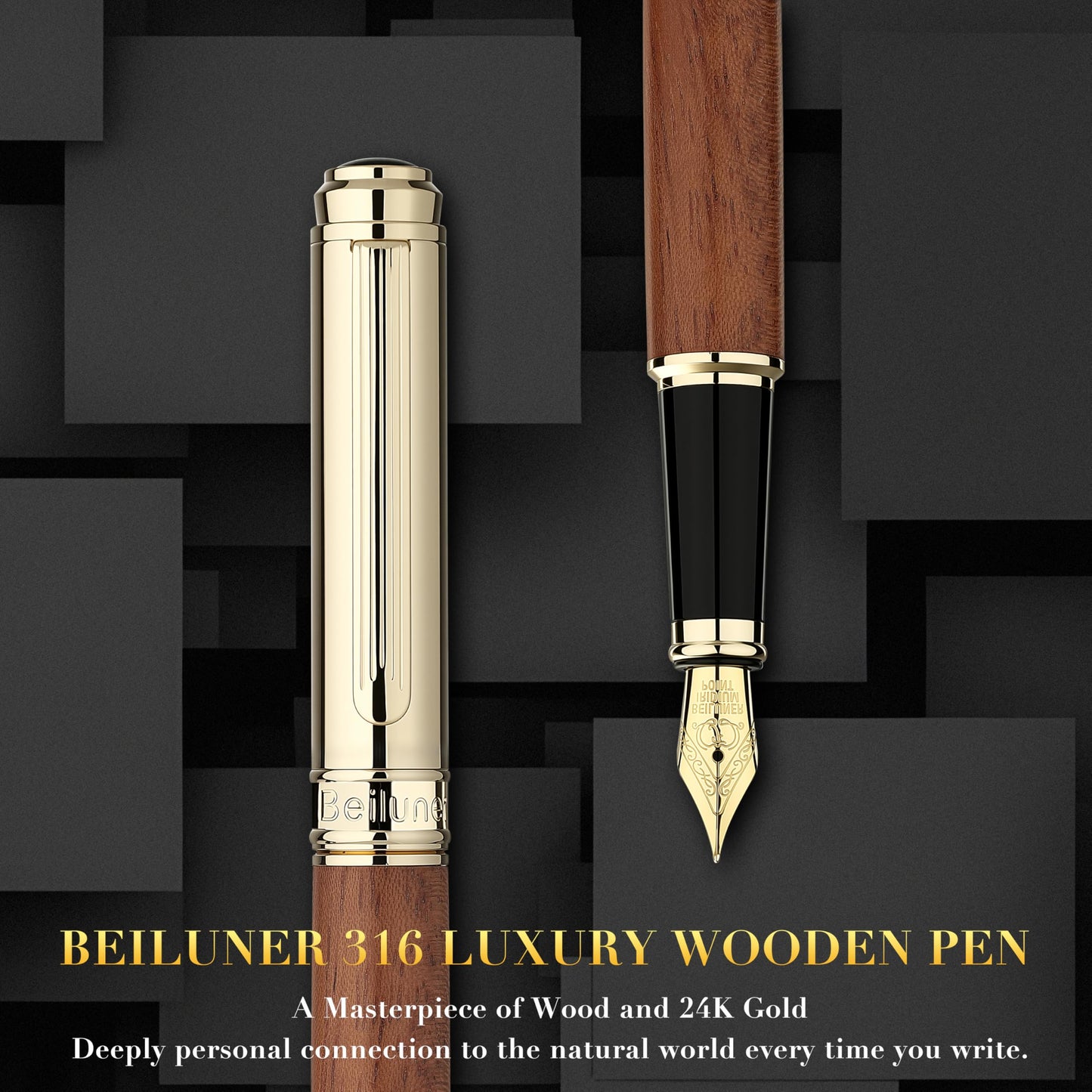 BEILUNER 316 Fountain Pen,Stunning Luxury Rosewood,24K Gilded Nib(Fine),Gorgeous 24K Gold Finish, Ink Converter,Nice Gift for Men&Women-Elegant,Executive,Christmas Pens for Writing