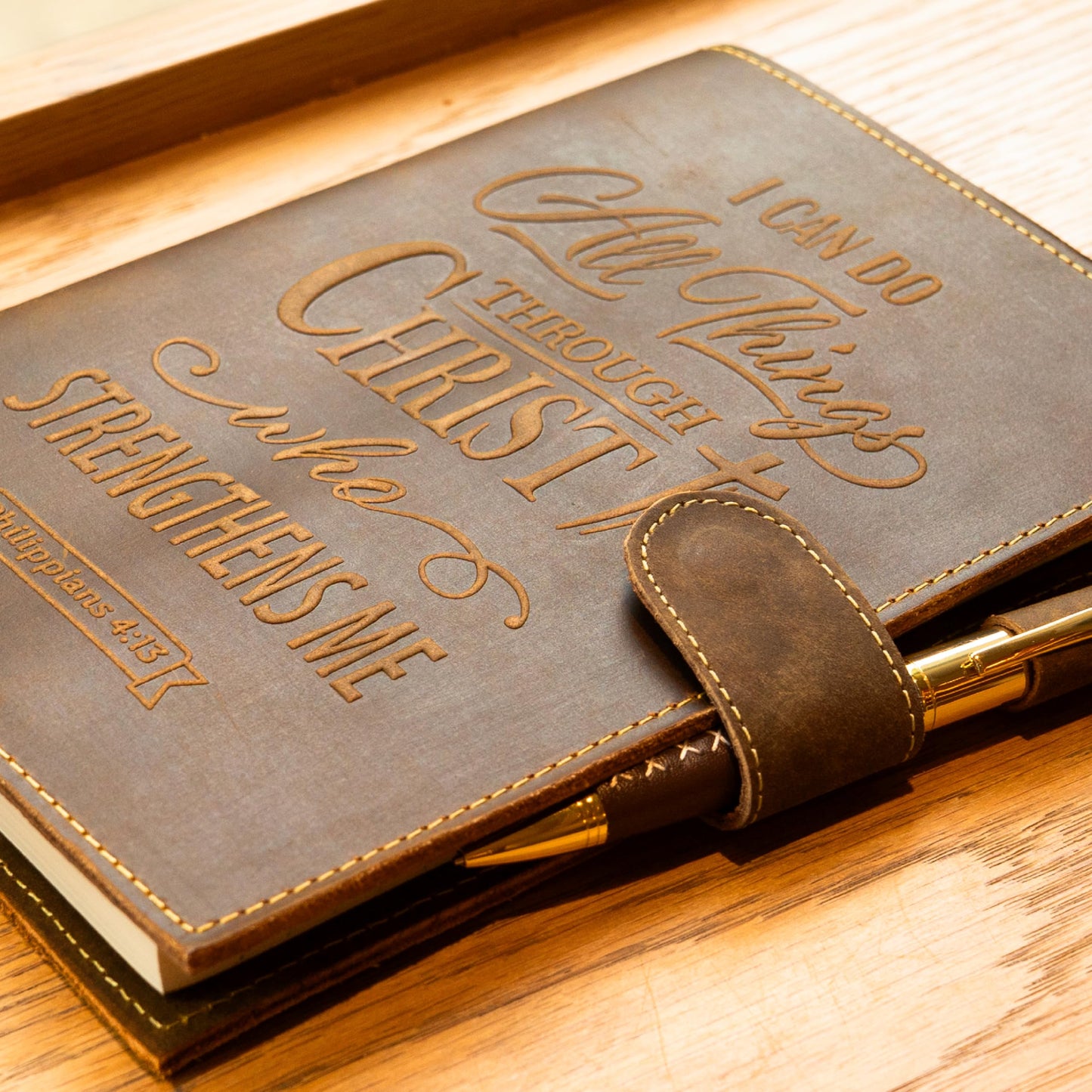 Sovereign-Gear Religious Refillable Leather Journal - Handmade A5 Writing Notebook with Pen - Philippians 4:13 “I Can Do All Things” Embossed Diary with 2 Lined Inserts & Pen Holder - 480 Pages