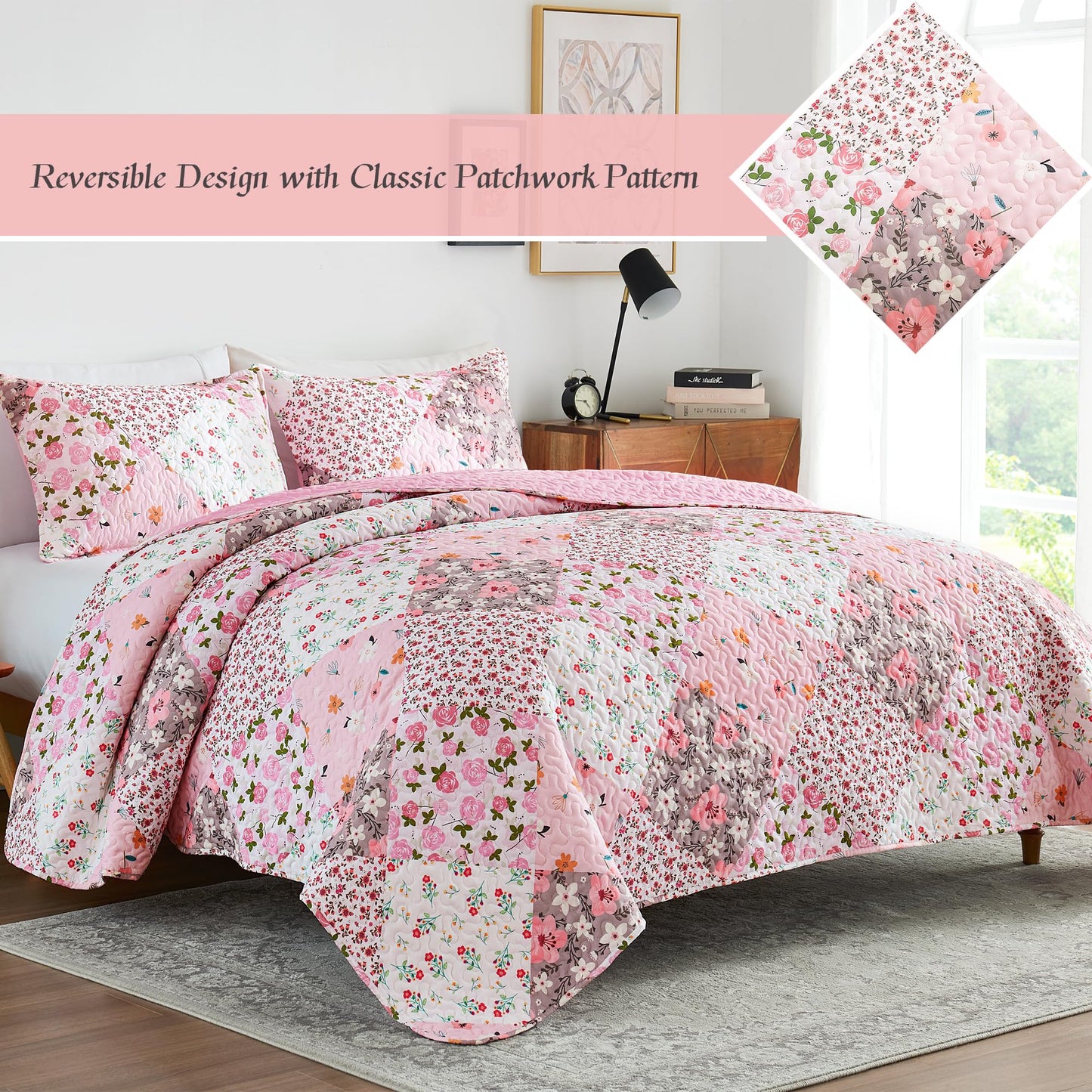 Whale Flotilla Patchwork Quilt Twin Size, Extra Soft Boho Floral Bedspreads for Bed Reversible Lightweight Twin Quilt Bedding Set Printed Coverlets with 1 Pillow Sham for All Seasons, Pink