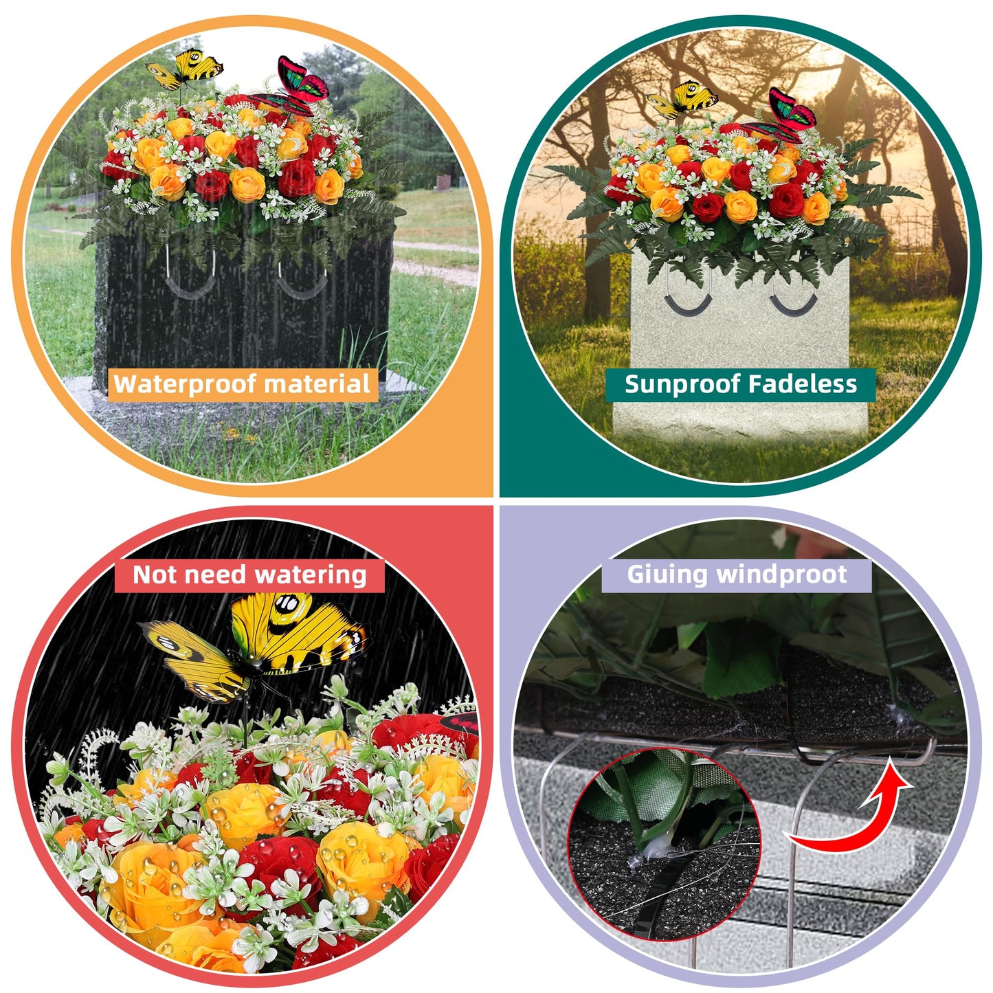 Artificial Cemetery Flowers for Grave,Large Headstone Flower Saddle Realistic Grave Flowers Memorial Silk Rose Flowers with Butterflies for Headstone Grave Decoration Non-Fading Easy Fit (Red Yellow)