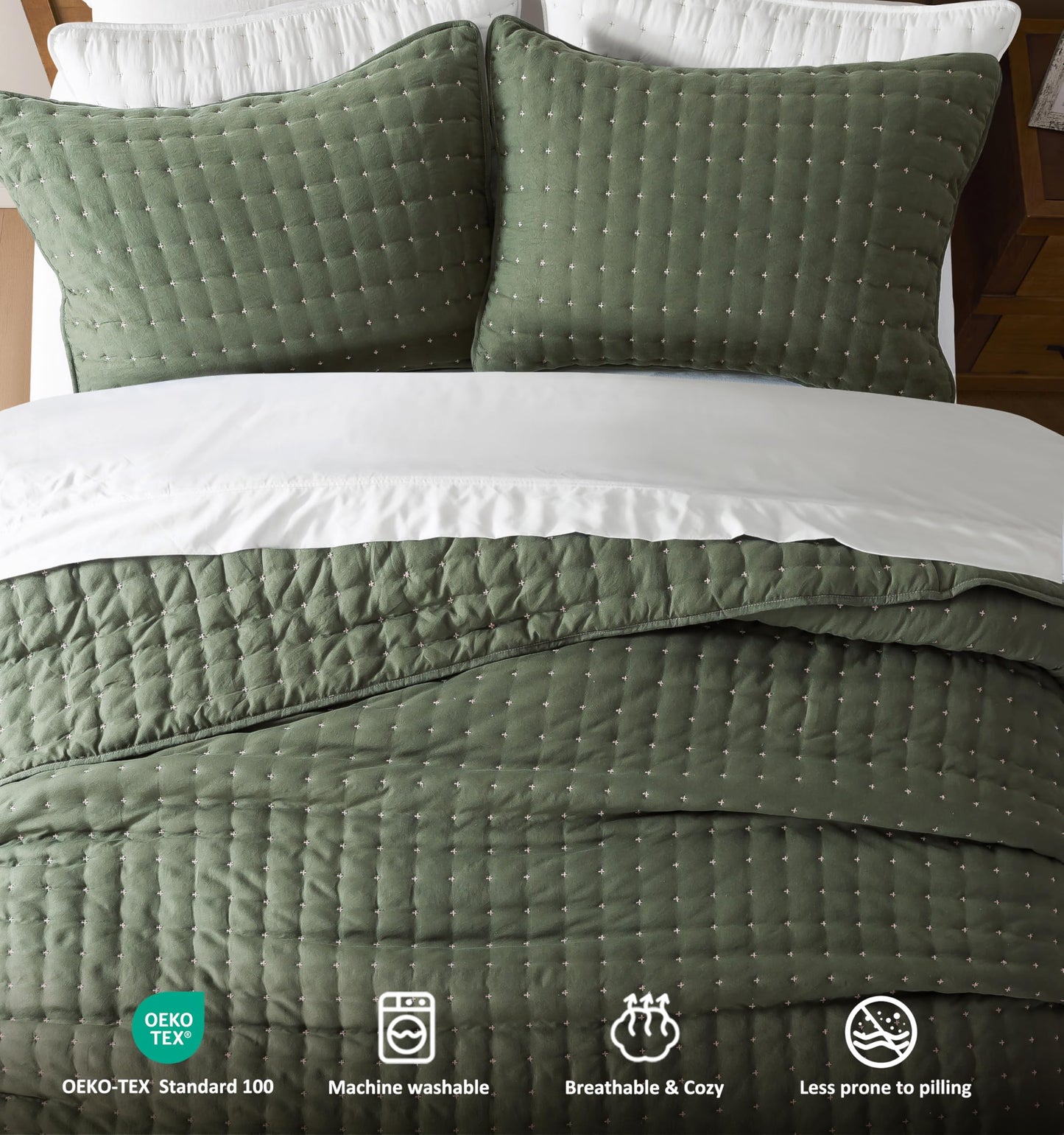 WDCOZY King Size Quilt Bedding Sets with 2 Pillow Shams, Lightweight Soft Bedspread Coverlet, Quilted Blanket Thin Comforter Bed Cover for All Season, 3 Pieces, 104x90 inches, Moss Green