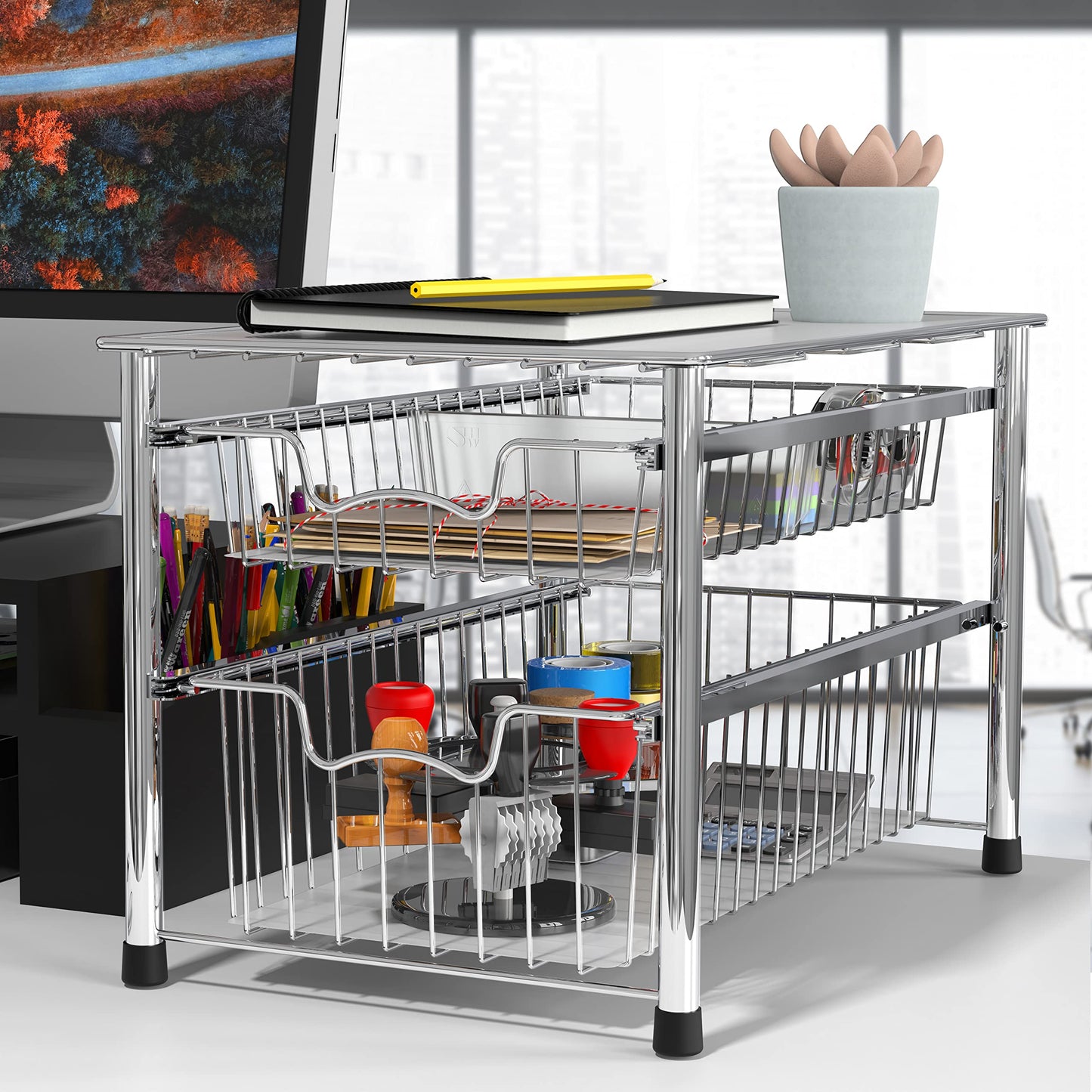 Simple Houseware Stackable 2 Tier Sliding Basket Organizer Drawer, Chrome