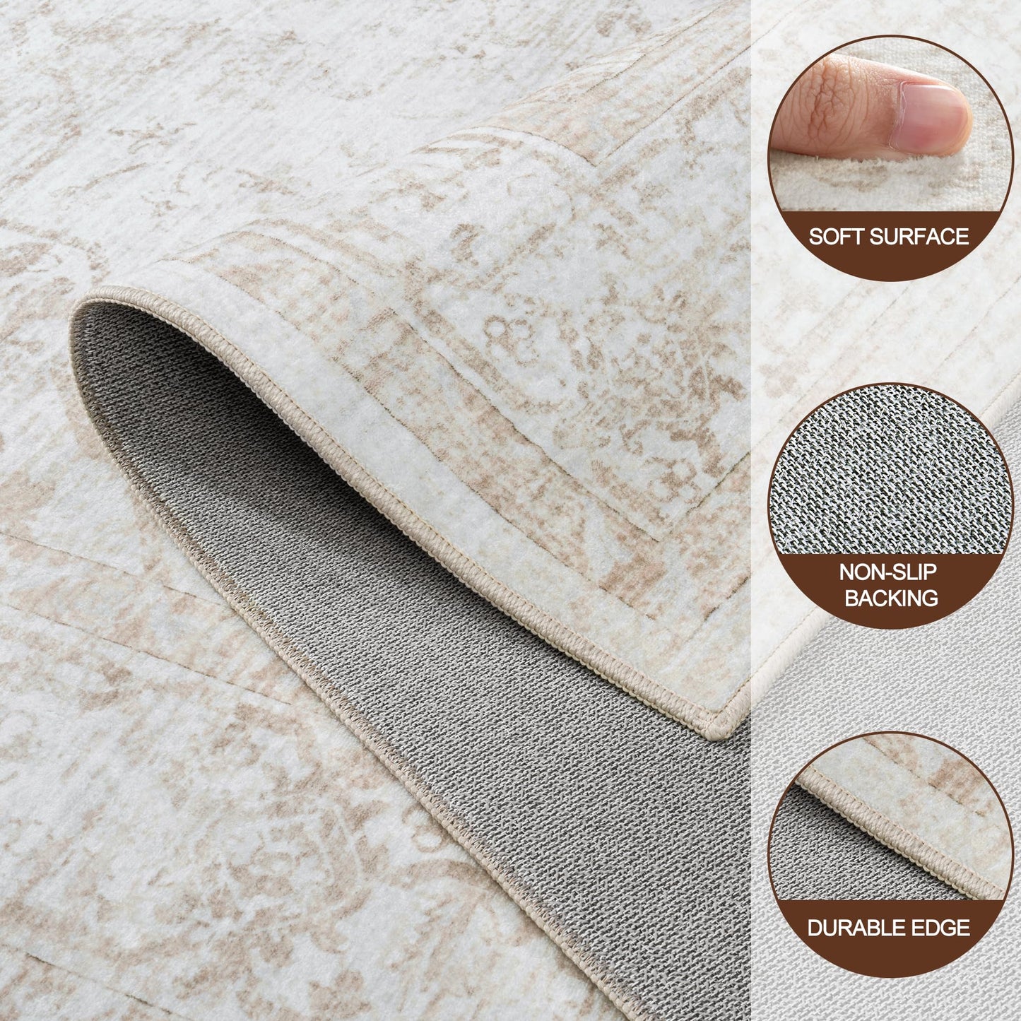 Area Rug 6x9 Living Room Rug Washable:No-Slip Vintage Medallion Rug Soft Low Pile Large Beige Rugs Indoor Retro Carpet for Living Room Kitchen Nursery Dining Table Office (Beige, 6'x9')