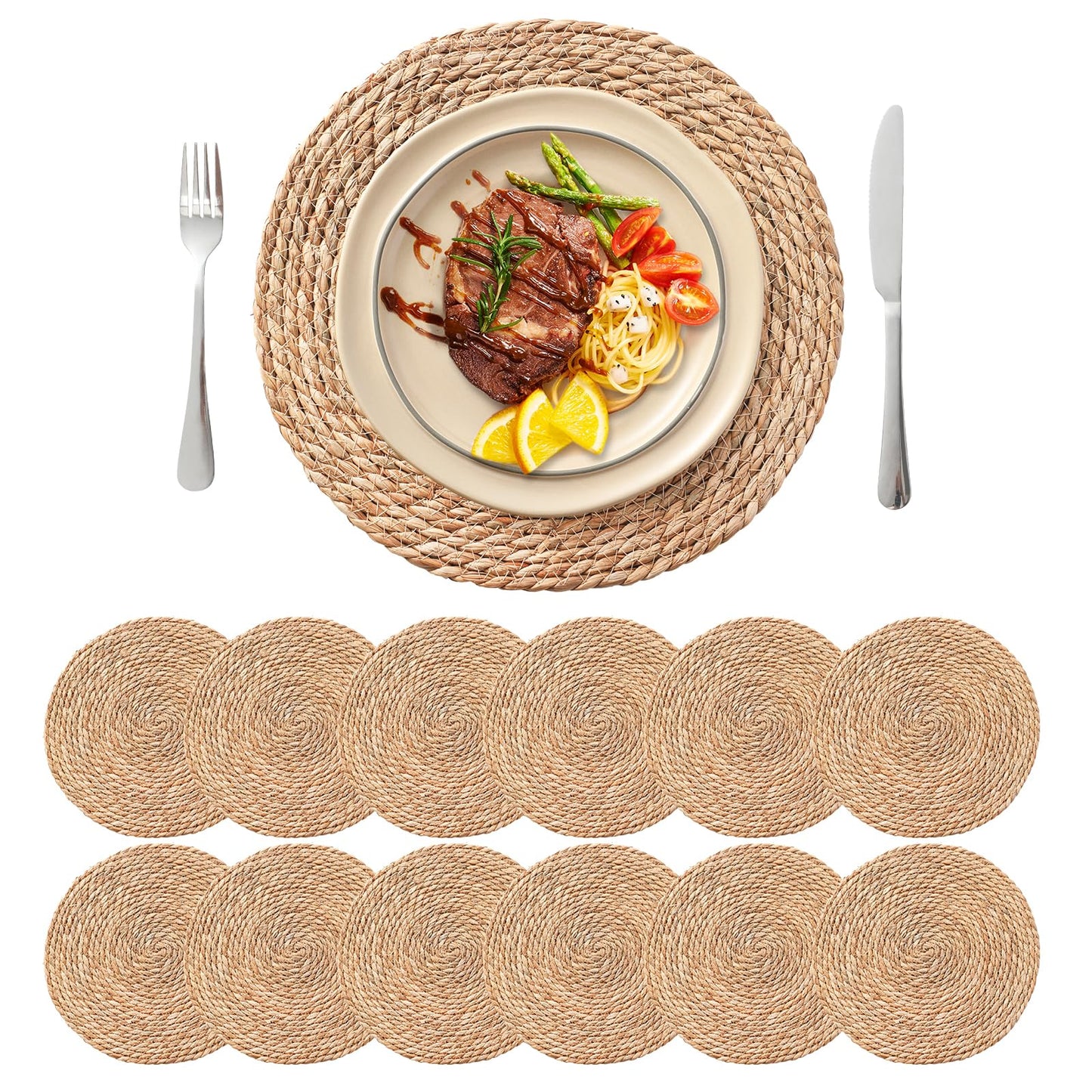 13.5'' Round Woven Placemats Set of 12, Boho Rattan Chargers for Dinner Plates, Rustic Wicker Place Mats, Straw Braided Table Placemats, for Dining Table, Wedding, Farmhouse, Outdoor and Christmas