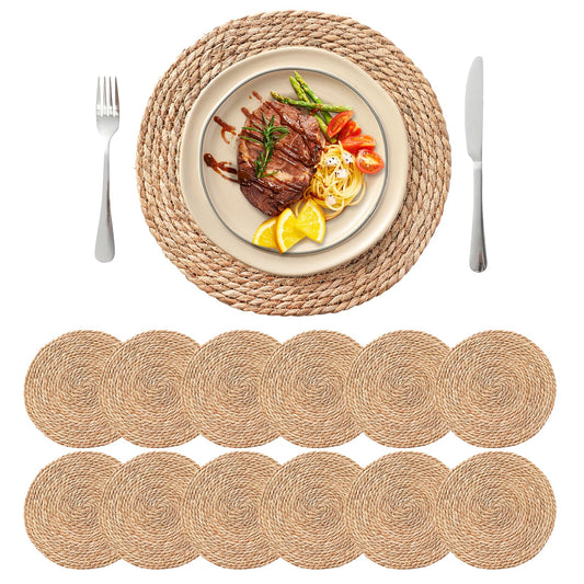 13.5'' Round Woven Placemats Set of 12, Boho Rattan Chargers for Dinner Plates, Rustic Wicker Place Mats, Straw Braided Table Placemats, for Dining Table, Wedding, Farmhouse, Outdoor and Christmas