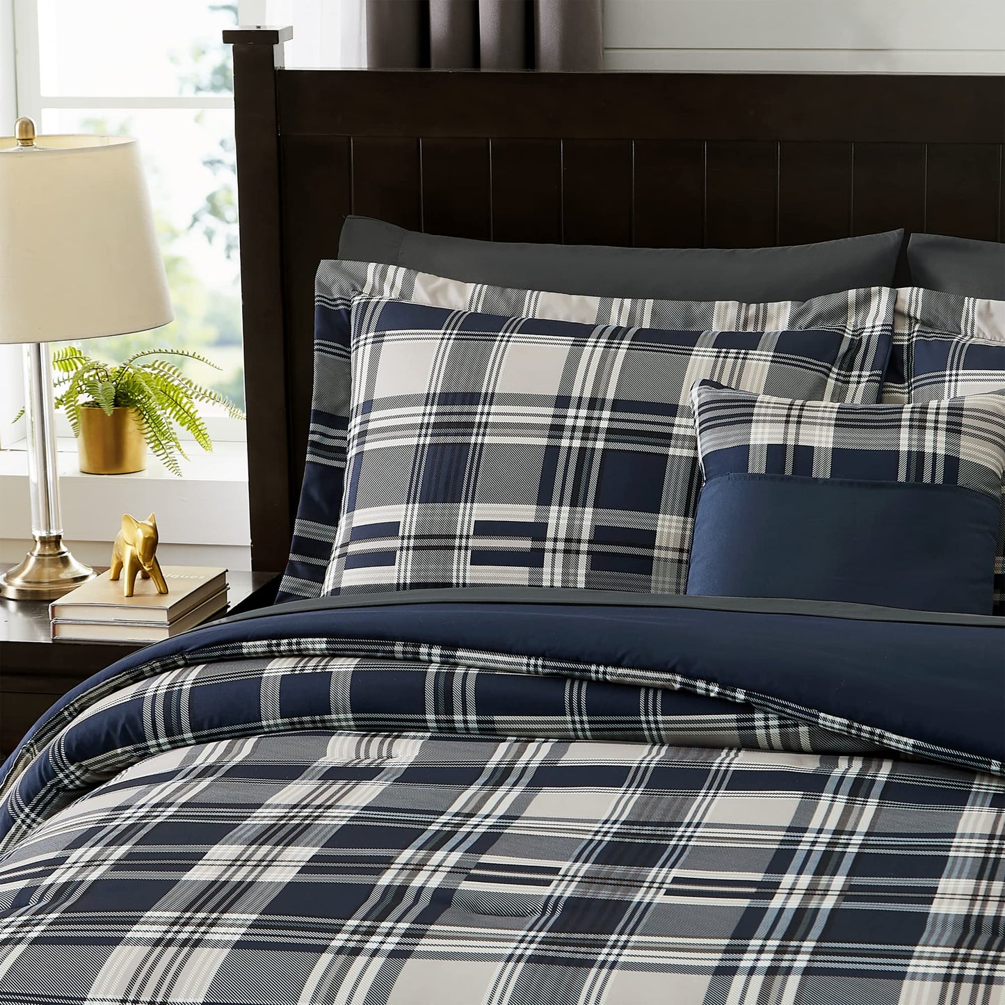 MaiRêve Queen Comforter Set, Plaid Design Comforter Set 7 Pieces, All Season Comfortable Bedding Sets Queen, Lightweight, Warm and Breathable (Navy Blue, Queen, 90"x90")