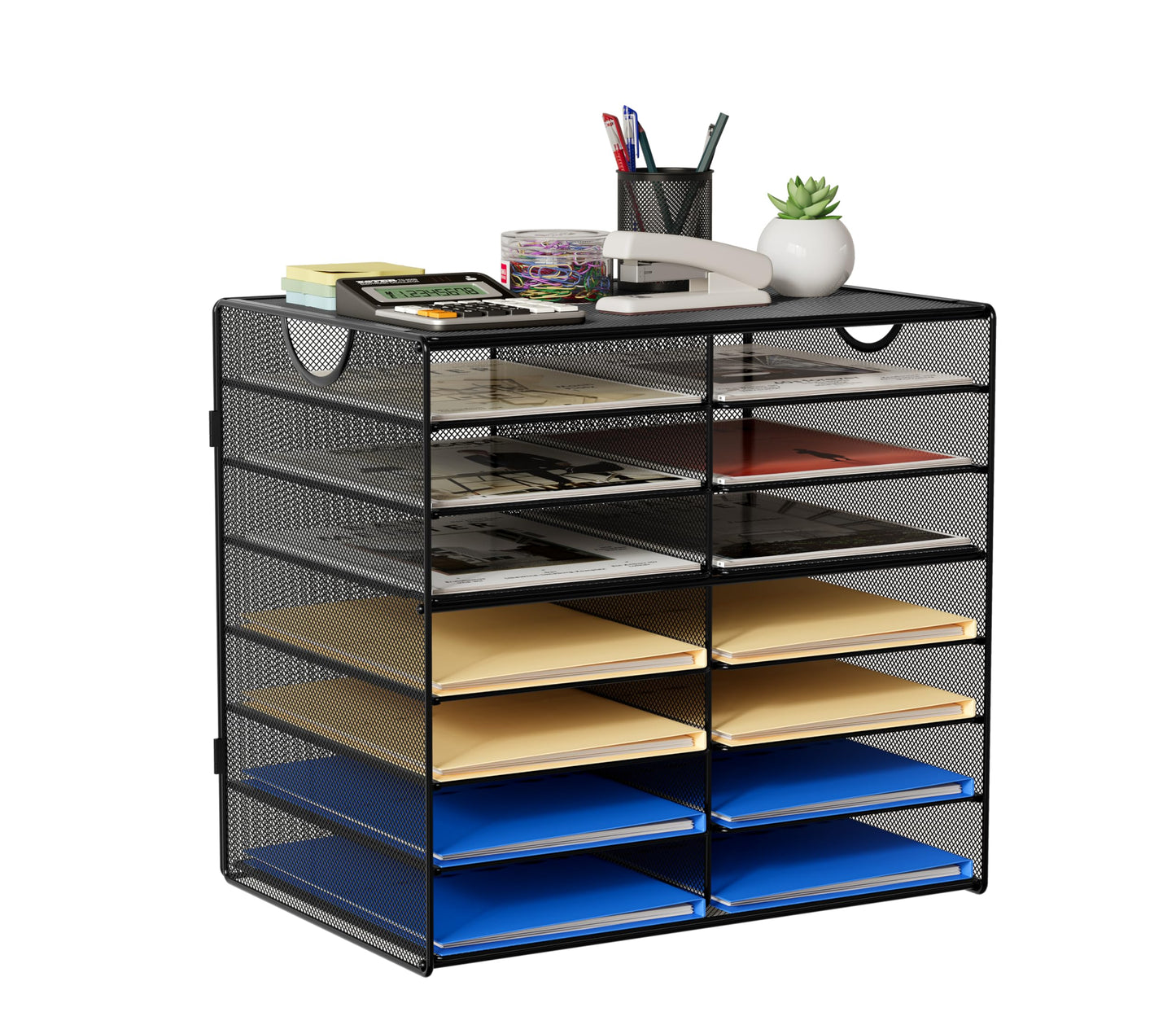 EasyPAG Paper Trays for Classroom 14 Tier Mesh Desk Organizer Shelves with Handle A4/Letter Size File Folder Organizer Shelf for Office, School, Home, Black