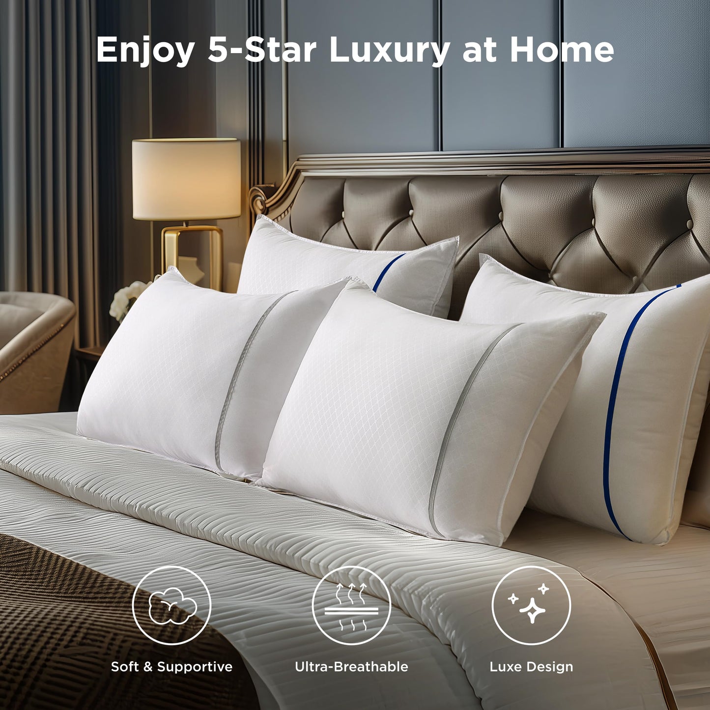 Bedsure Queen Pillows Set of 2, Luxury Hotel Firm Pillows for Sleeping, Decoration Strip Diamond Design Cover, Fluffy Original Down Alternative Filling for Side, Back or Stomach Sleepers