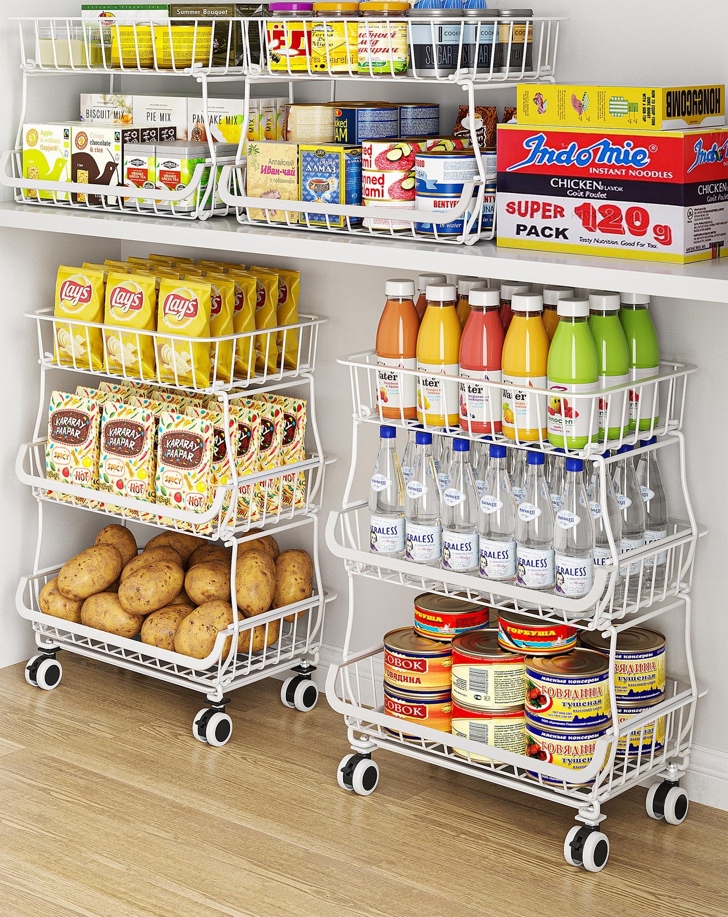 OKZEST 3-Tier Rolling Pantry Floor Organizer and Storage Cart with Wheels, Stackable Wire Pantry Baskets for Pantry Shelves, Kitchen Storage Rack and Fruit Basket Stand for Fruit Snack Onion Potato