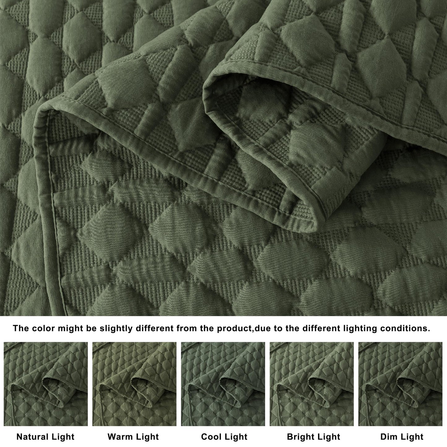 WDCOZY Olive Green Quilt King Size Bedding Set with 2 Pillow Shams, Lightweight Soft Bedspread Coverlet, Thin Comforter Bed Cover for All Season, 3 Pieces, 104x90 inches