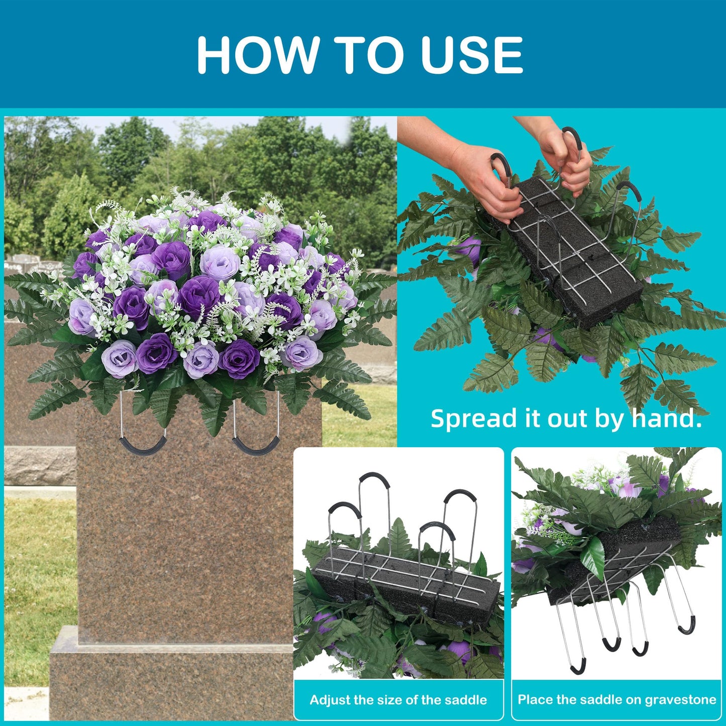 LOSFOTBO Headstone Flower Saddle,Large Artificial Cemetery Flowers for Grave,Cemetery Memorial Flowers for Outdoor Tombstone Decorations (Purple)