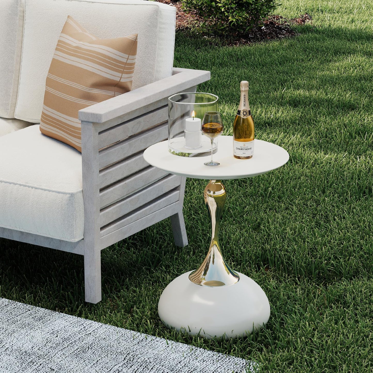 Metal Round End Table,Modern Pedestal Table,Corner Drink Tables,Accent Side Table Nightstand for Living Room,Patio and bar (White-Gold)