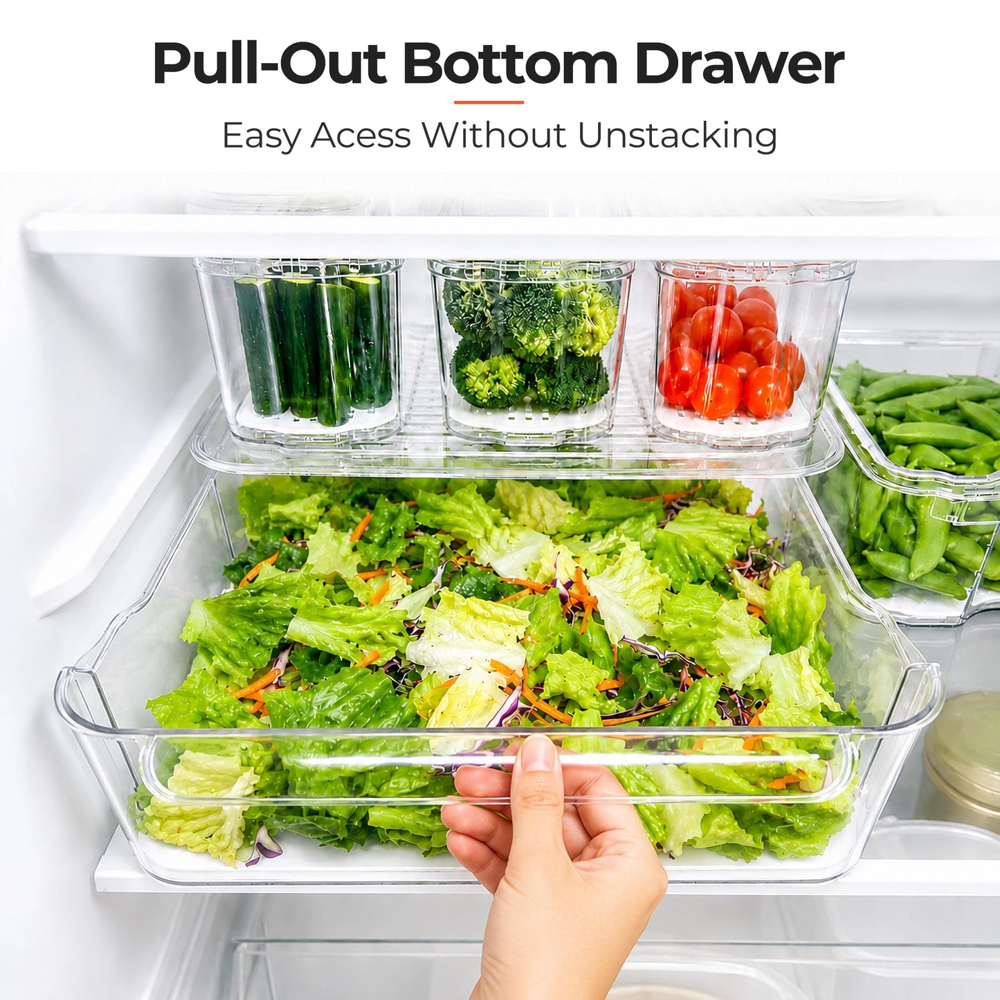 SMRCAD 6 Pack Refrigerator Organizers, Clear Pull-out Drawer Container and Organizer Bins with Lids, Stackable Storage Containers for Fruits, Vegetable (Set of 6 (Include Pull Out Drawer))
