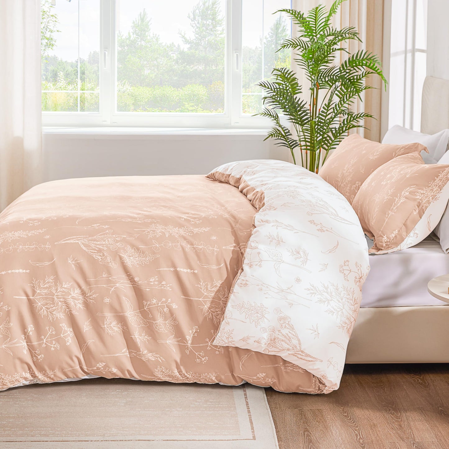 Love's cabin Pink Full Size Comforter Set - Full Comforter Set, 3 Pieces Cute Floral Bedding Sets for All Seasons,1 Soft Reversible Botanical Flowers Comforter and 2 Pillow Shams