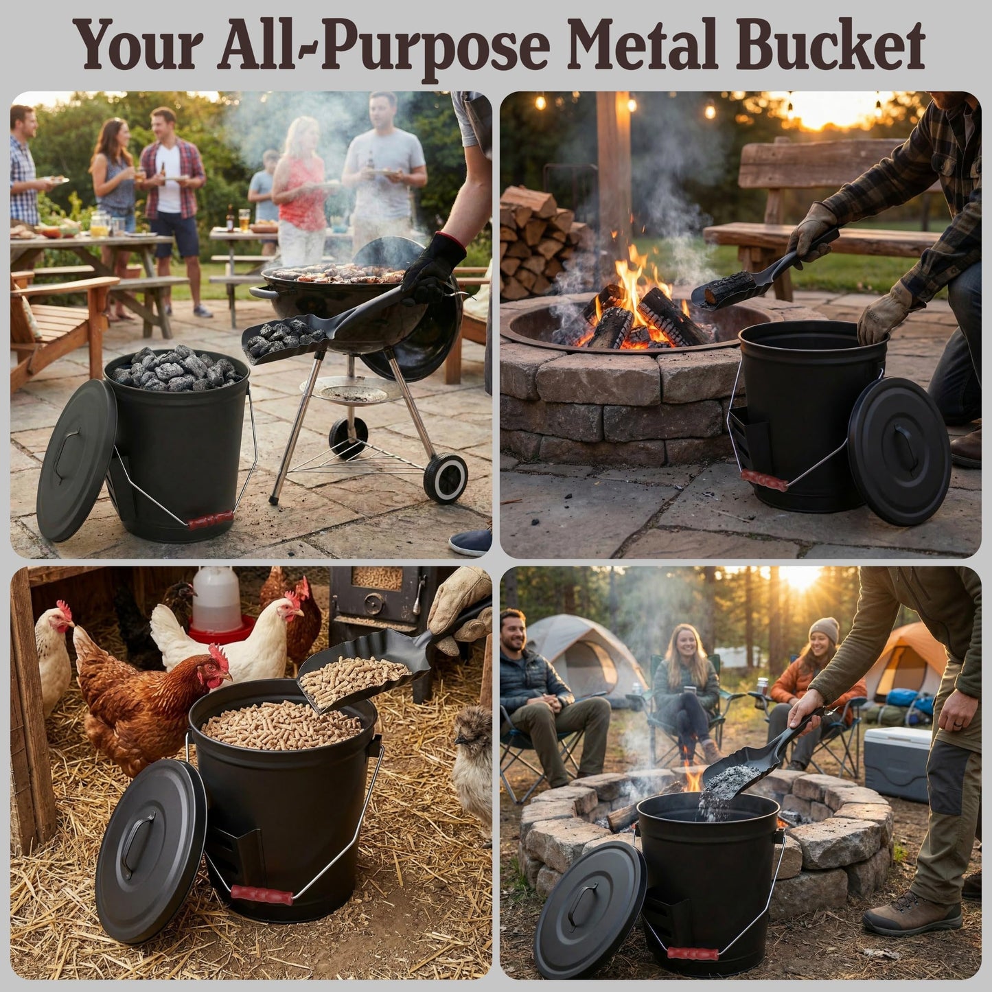 Ash Bucket - 4.75-Gallon Metal Bucket with Lid and Shovel for Fireplace or Firepit Ashes - Heat Resistant Fireplace Tools by Pure Garden (Black)