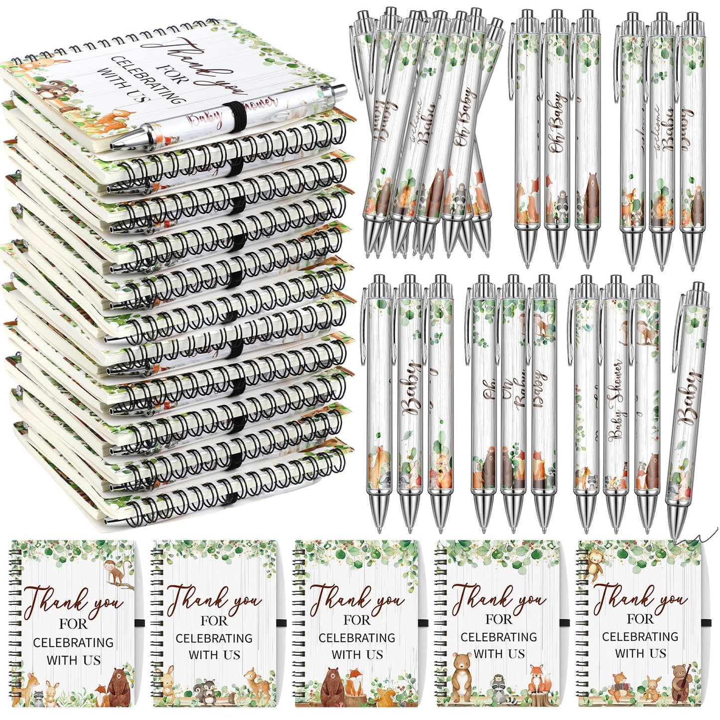 Skyygemm 60pcs/30 Set Woodland Animal Baby Shower Gifts bulk for Guests Includes Woodland Animal Small Spiral Notebook Bulk Forest Retractable Ballpoint Pen for Baby Shower Gender Reveal Guest