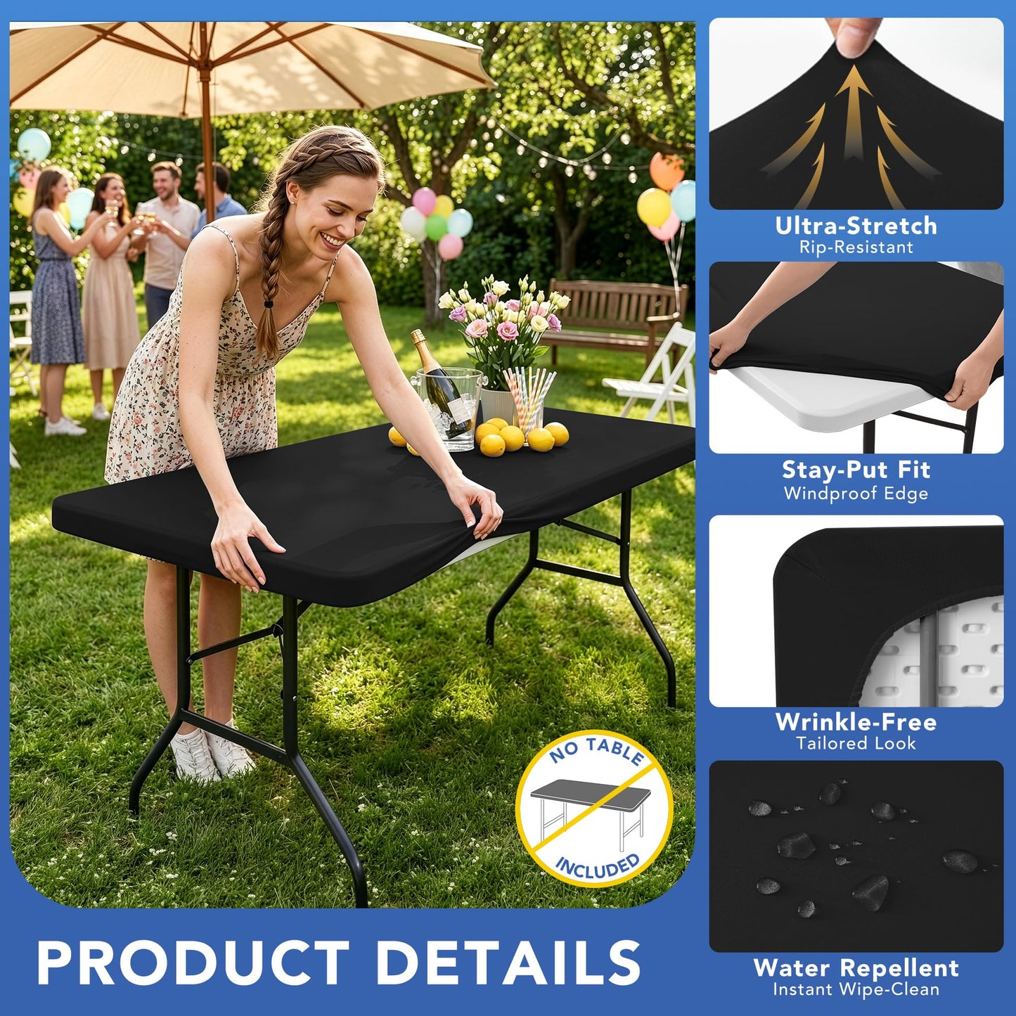 Enjoyidea Fitted Tablecloth for 8 Foot Rectangle Tables-6 Pack Black Elastic Outdoor Picnic Table Cover-Spandex Stretch Folding Table Cloths 8ft for Camping Dining Room Patio Kitchen Banquet Party