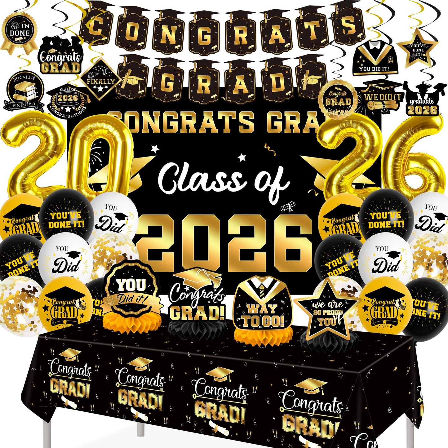 DMIGHT Graduation Decorations 2026, Class of 2026 Backdrop, Banner, 2026 Foil Balloons, Tablecloth, Hanging Swirls, Honeycomb Centerpieces, Party Supplies Decorations Set for College (Black ang GOLD)