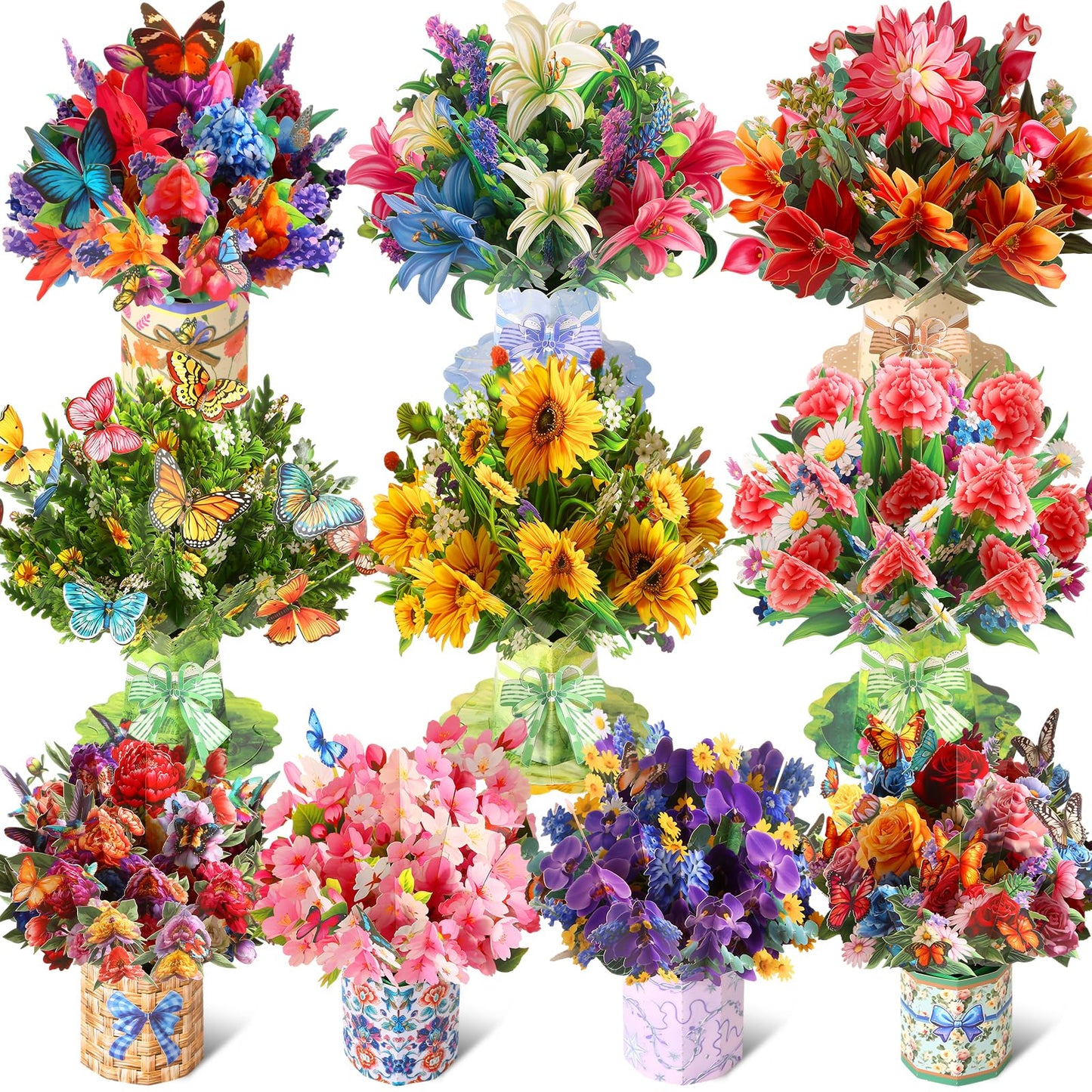 ROADPLUM 10 Pack 3D Pop Up Flower Bouquet Greeting Cards with Envelopes & Message Notes, Paper Flower Cards for Mother's Day, Birthday, Graduation, Anniversary, Congratulations, Get Well Gift