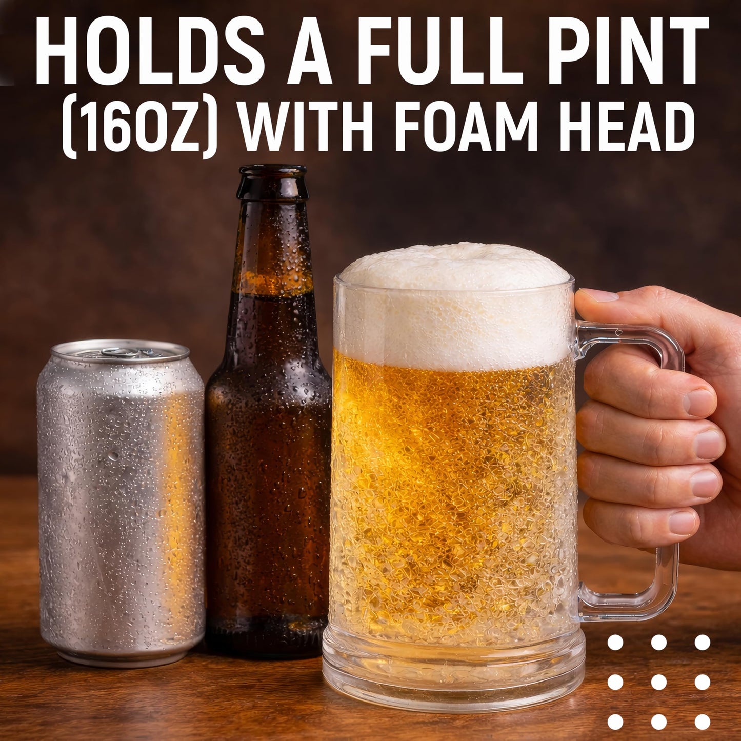 Granatan Freezer Beer Mugs Set of 4, 16 oz Double Wall Gel Mugs for Freezer, Acrylic Plastic Beer Stein with Handle, Ice Cold Glasses for Men, BBQ, & Pool Parties (Clear)