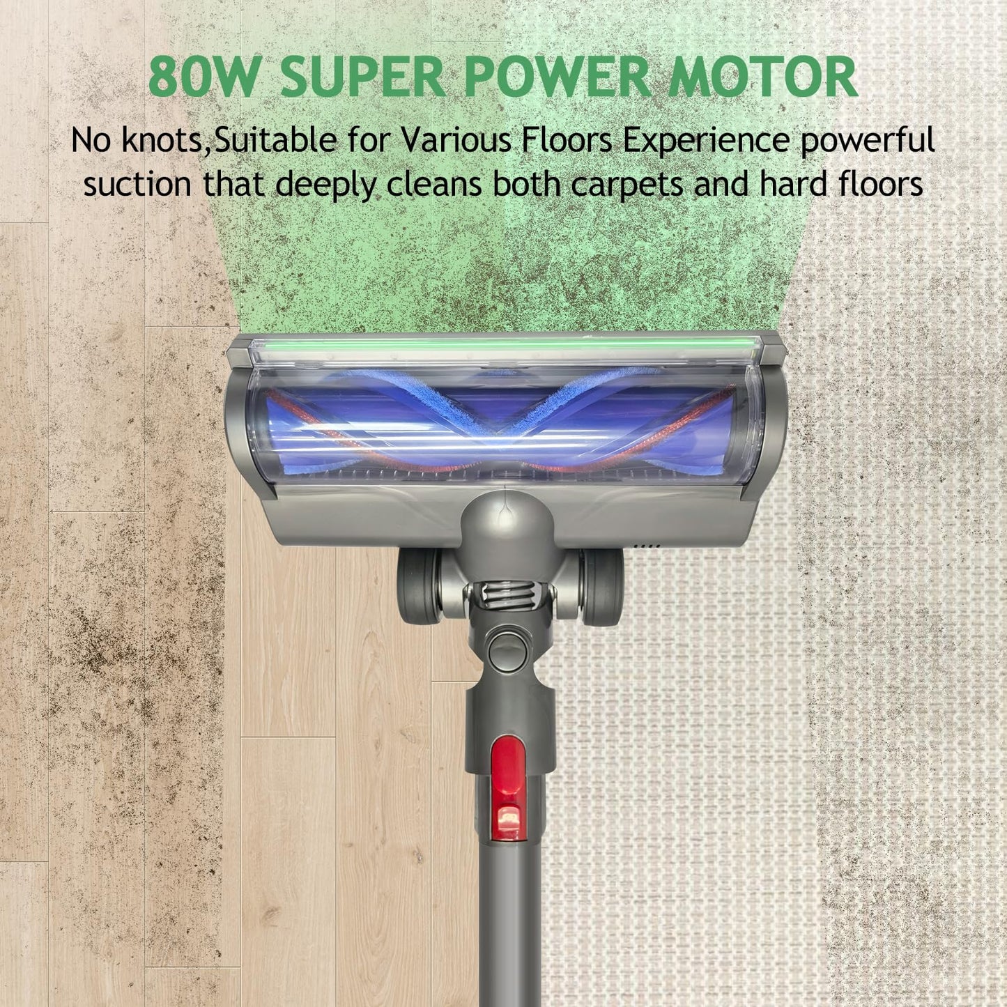 Vacuum Head Hardwood Floor Attachment for Dyson Cordless Vacuum V7 V8 V10 V11 V15 G5 V8 slim, Replacement Cleaner Head full-area LED Green Light, Quick-Release Design for Hard Floor Short Pile Carpets