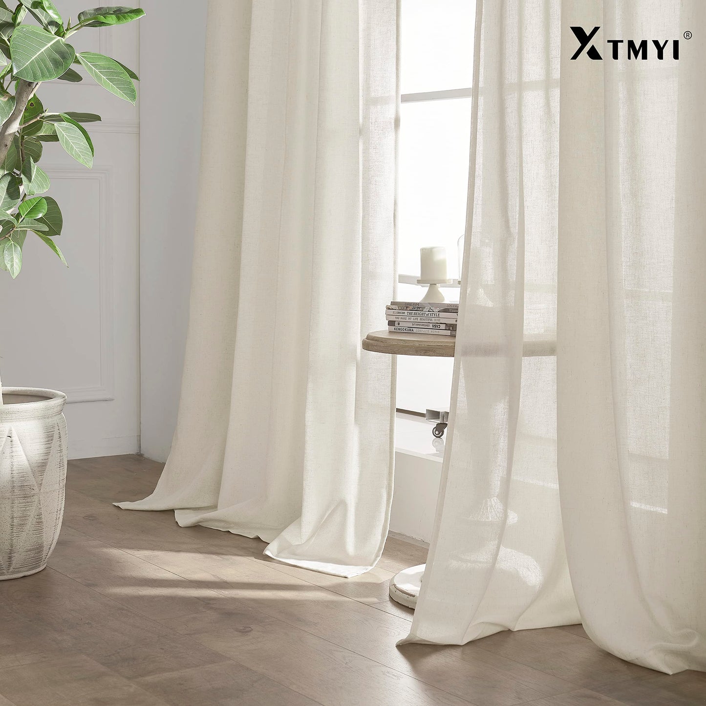XTMYI 108 Inch Linen Curtains, Extra Long Ceiling Curtain for Track System with Hooks, Sheer Light Filitering 9FT 9 FT Curtains for Living Room Bedroom, Set of 2 Panel, Cream