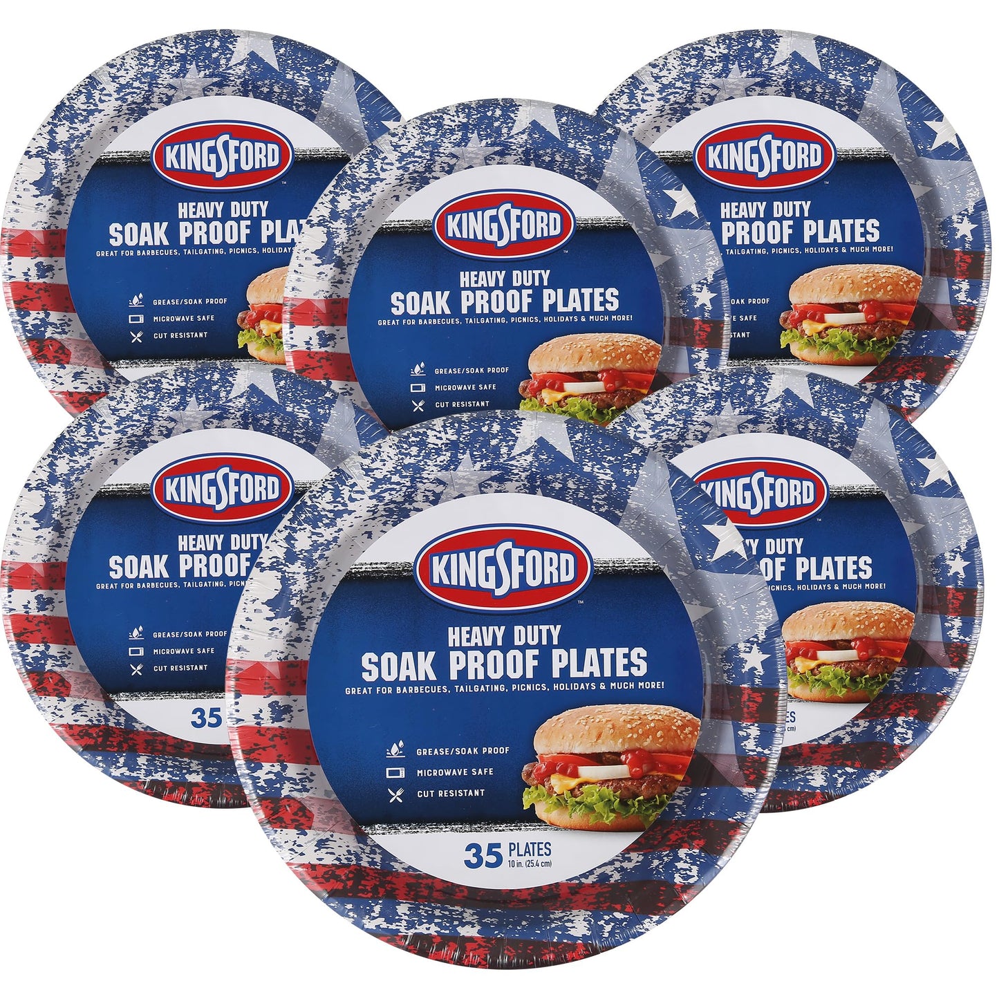Kingsford Heavy Duty Paper Plates, Patriotic American Flag Disposable Dinner Plates for BBQ Parties, Tailgates, and Outdoor Cookouts, Durable Party Tableware, 10 Inch, 35 Count - 6 Pack