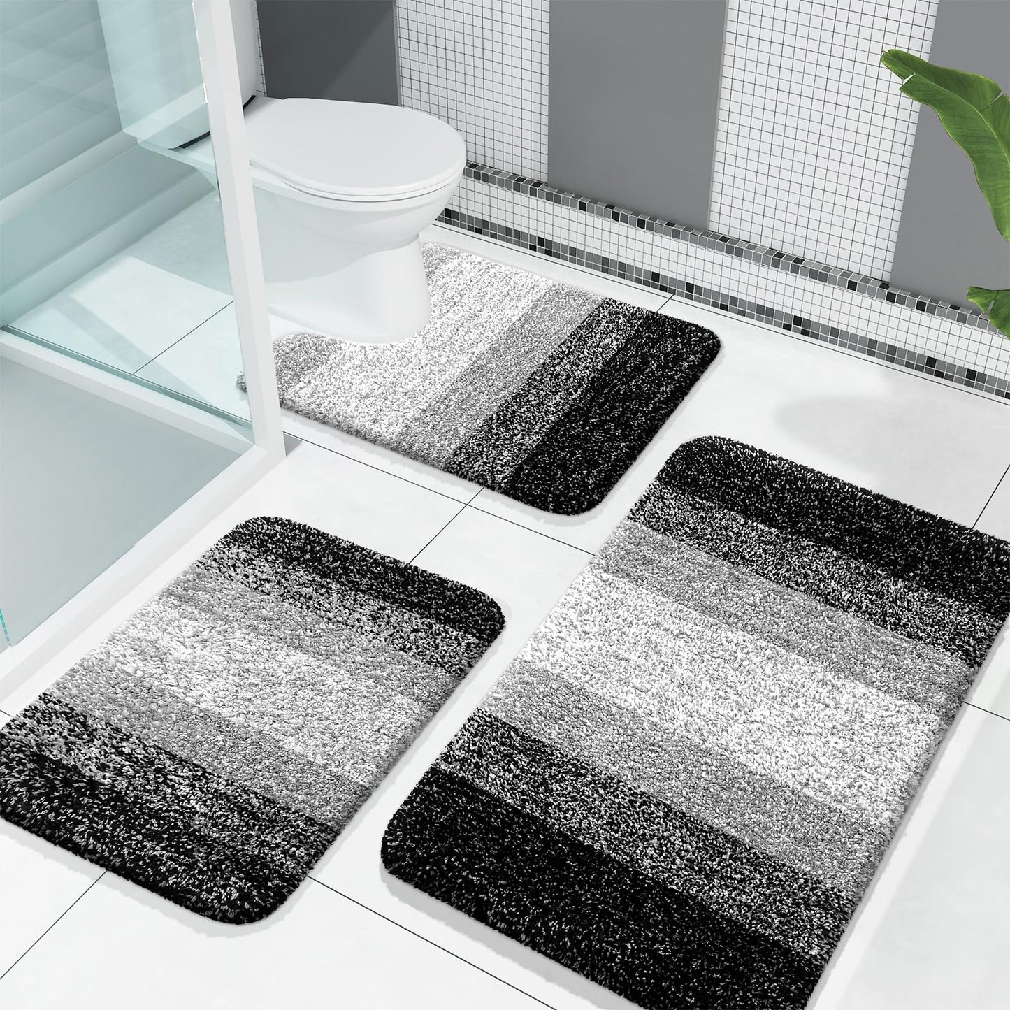 OLANLY Bathroom Rugs Sets 3 Piece, Soft Absorbent Microfiber Bath Mats and U-Shaped Contour Toilet Rug, Plush Shaggy Bath Mat Set for Bathroom (30"x20"+24"x16"+24"x20", Black)
