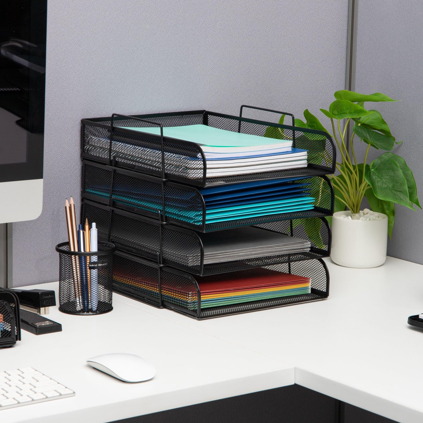 Mind Reader Stackable Paper Tray, Desktop Organizer, File Storage, Office, Metal Mesh, 10.5" L x 13.5" W x 11.25" H, 4 Pcs., Black