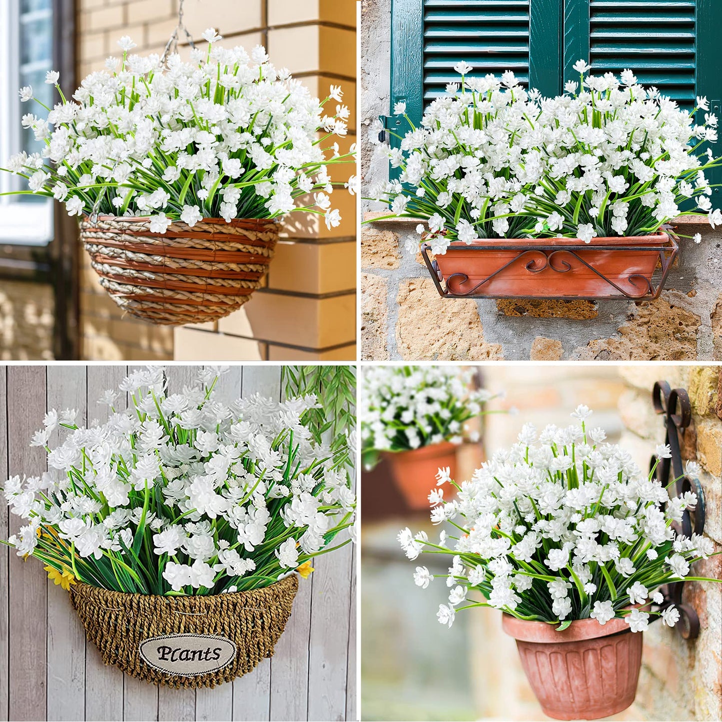 AmyHomie 20 Bundles Artificial Flowers for Outdoor Outside Spring Summer Decoration UV Resistant Faux Flowers No Fade Fake Plastic Plants Garden Porch Window Box Decorating (Pure White)