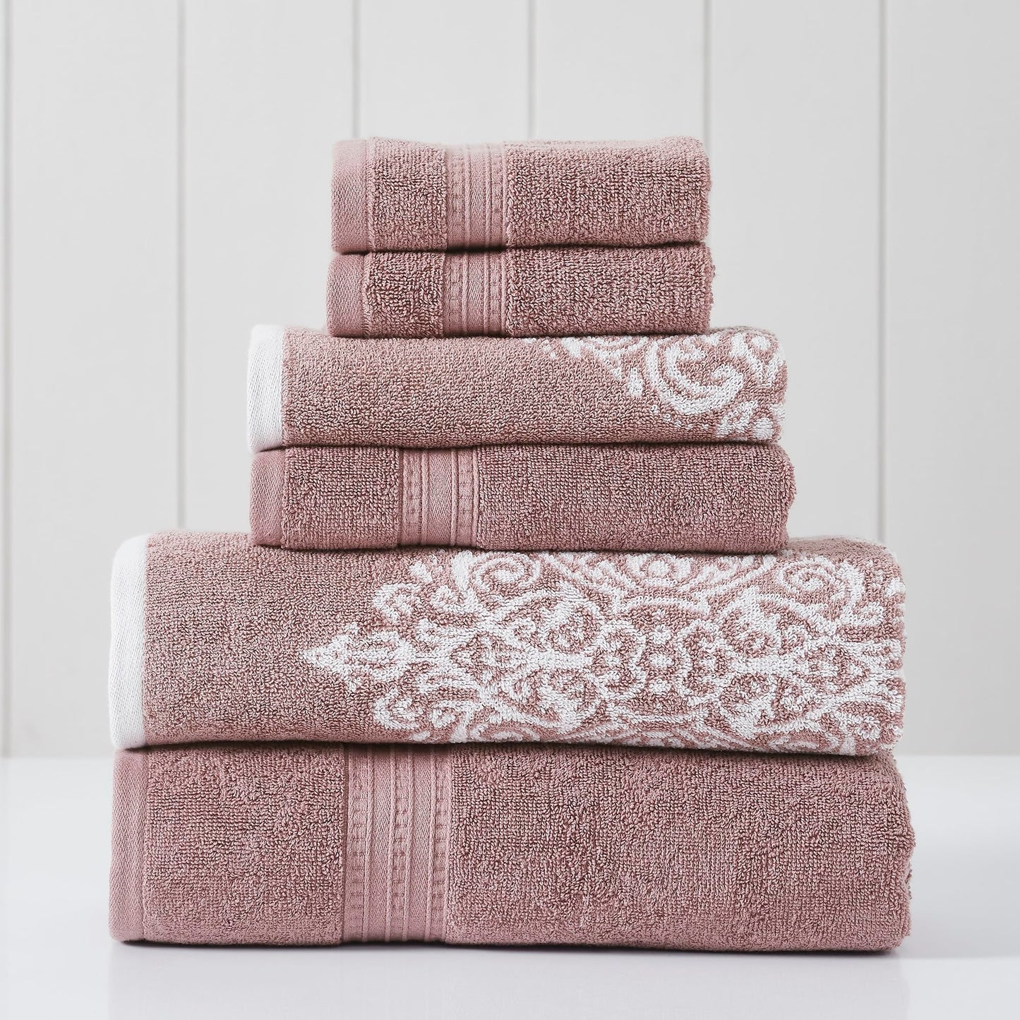 Modern Threads 6 Piece Reversible Yarn Dyed Jacquard Towel Set Artesia Damask Woodrose