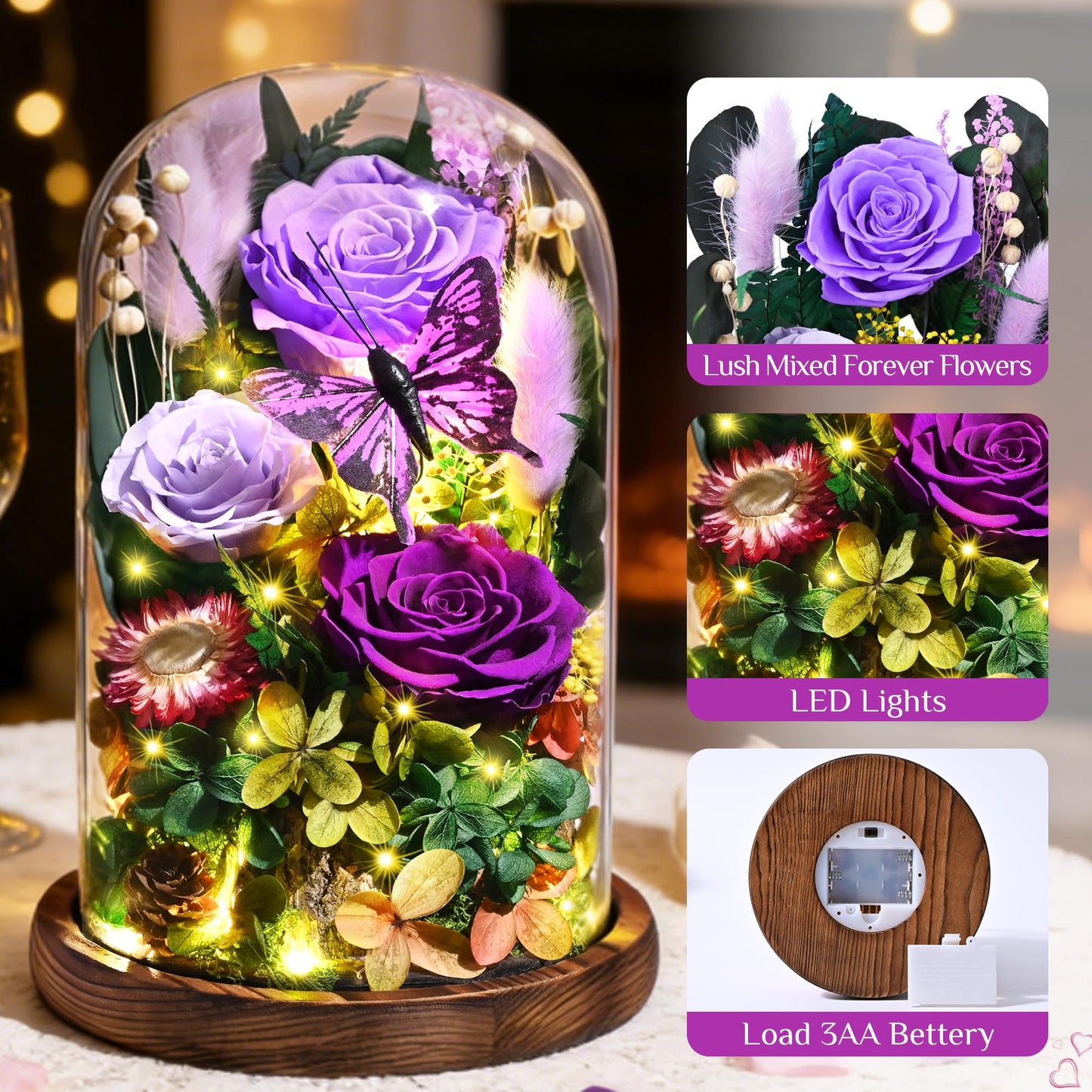 Yastouay Gifts for Mom Mothers Day Birthday Gifts for Women, Forever Rose Flowers for Delivery, Purple Preserved Roses Flowers in Glass Dome with Light Gift Box for Mom Her Women Wife Anniversary