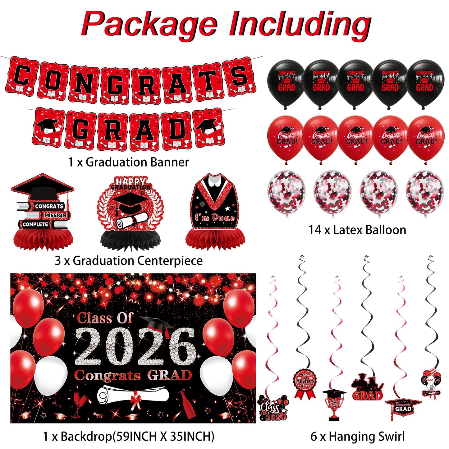 DARUNAXY Black Red Graduation Party Decorations, Red Class of 2026 Graduation Banner, 2026 Congrats Grad Honeycomb Hanging Swirl Confetti Balloon Congratulations Graduates Party Supplies(25PC)
