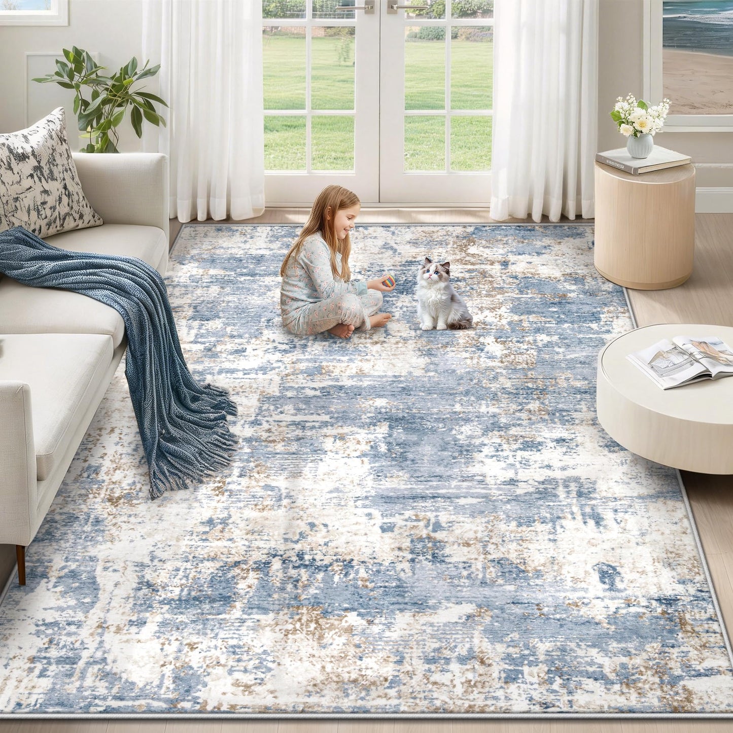 XLUEZ 5x7 Area Rugs for Living Room, Washable Modern Abstract Large Area Rug Neutral Soft Non Slip Kids Rug Stain Resistant Indoor Carpet for Bedroom Nursery Dining Room Playroom(Blue, 5'x7')
