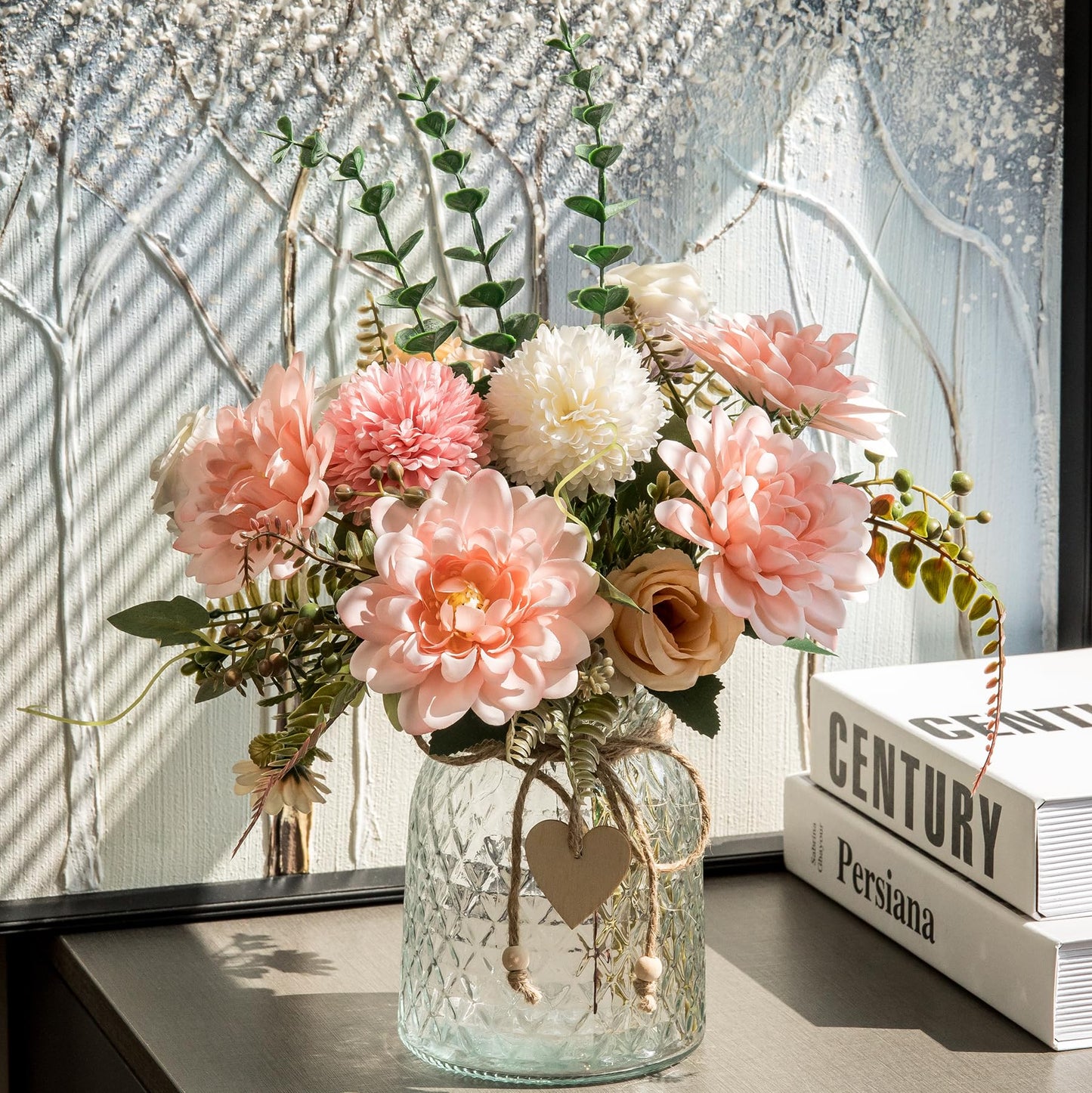 Aubcee Fake Flowers with Vase,Faux Flowers in Vase for Home Decor,Silk Pink Dahlia Artificial Flowers with Vase for Coffee Table Decor,Living Room Bathroom Plant Decor, Centerpiece Table Decorations