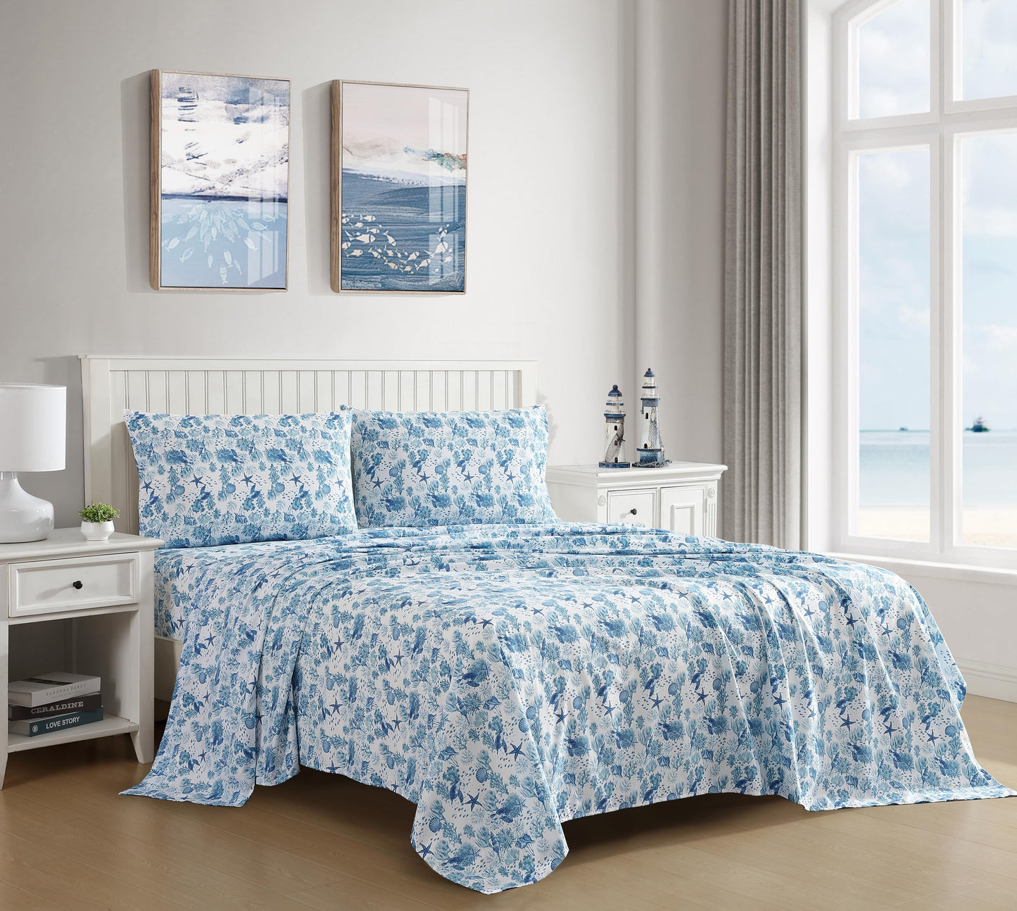 Beatrice Home Fashions Coastal Print Microfiber Sheet Set, Soft, Comfy, 12" Deep Pockets, Queen, Nautical Turtles