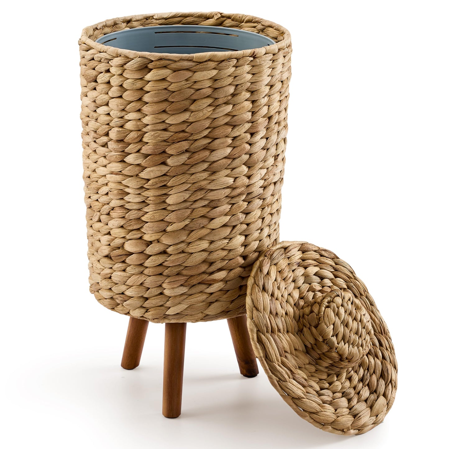 Tidita 1.5 Gallon Wicker Trash Can with Lid, Water Hyacinth Wicker Waste Basket for Bathroom - Decorative Bathroom Trash Can with Wooden Leg - Rattan Garbage Can with a Lid, Liner - Assembly Required